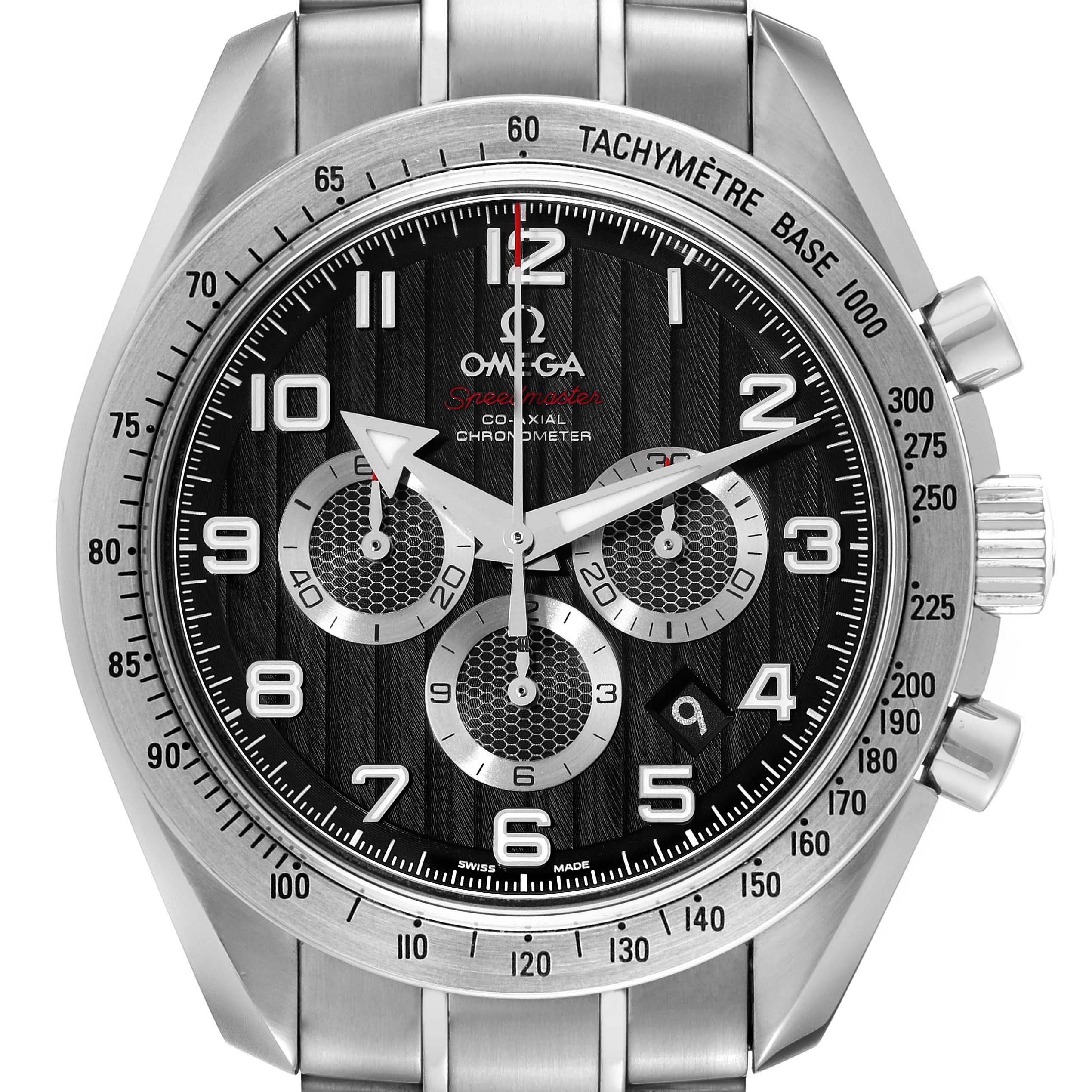 The image shows a front view of an Omega Speedmaster 321.10.44.50.01.001 Men
s Stainless Steel Black Dial 321.10.44.50.01.001 Men
s Stainless Steel Black Dial watch, highlighting its chronograph sub-dials, tachymeter bezel, and stainless steel bracelet.