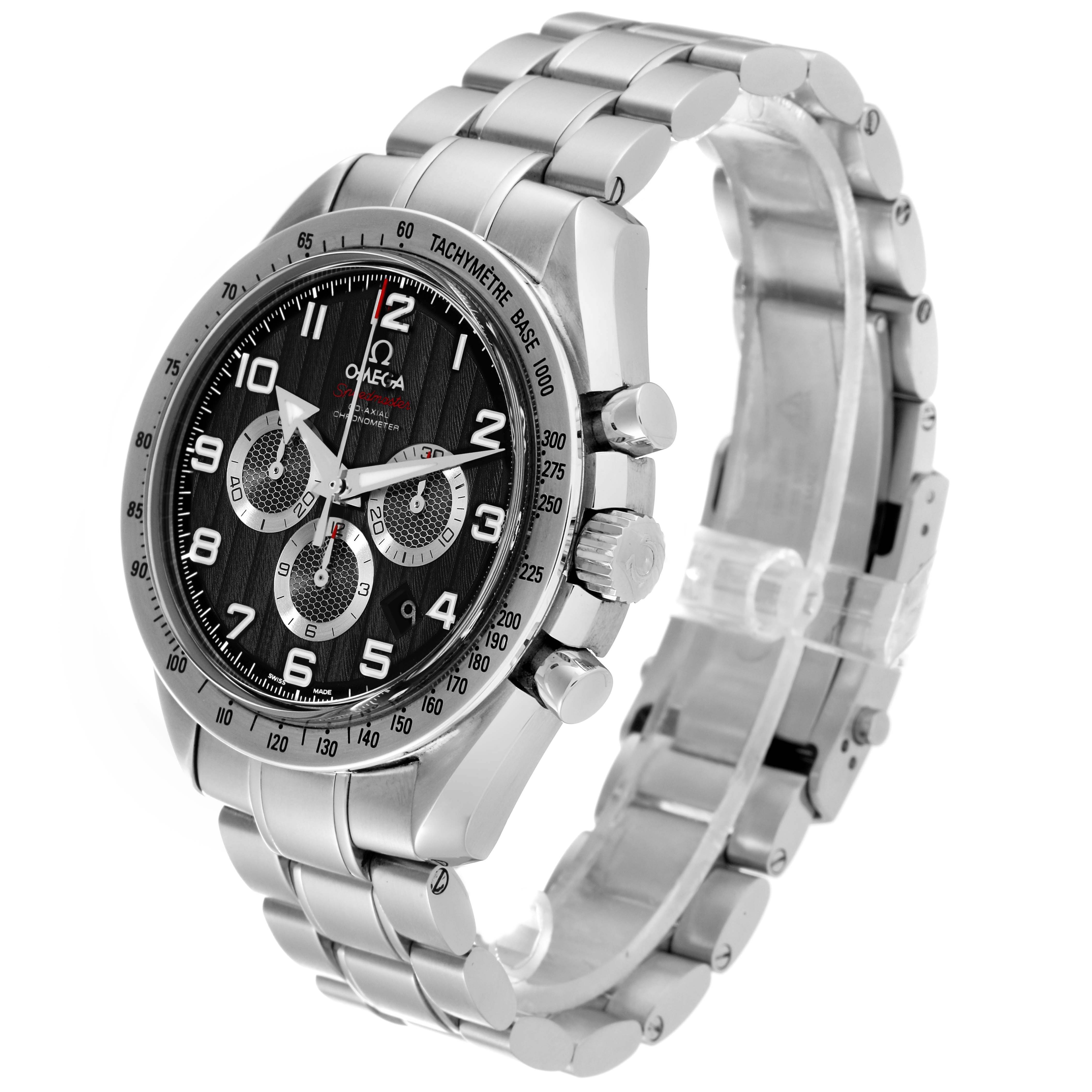 The image shows an Omega Speedmaster 321.10.44.50.01.001 Men
s Stainless Steel Black Dial 321.10.44.50.01.001 Men
s Stainless Steel Black Dial watch at a three-quarter angle highlighting the face, crown, pushers, and stainless steel bracelet.