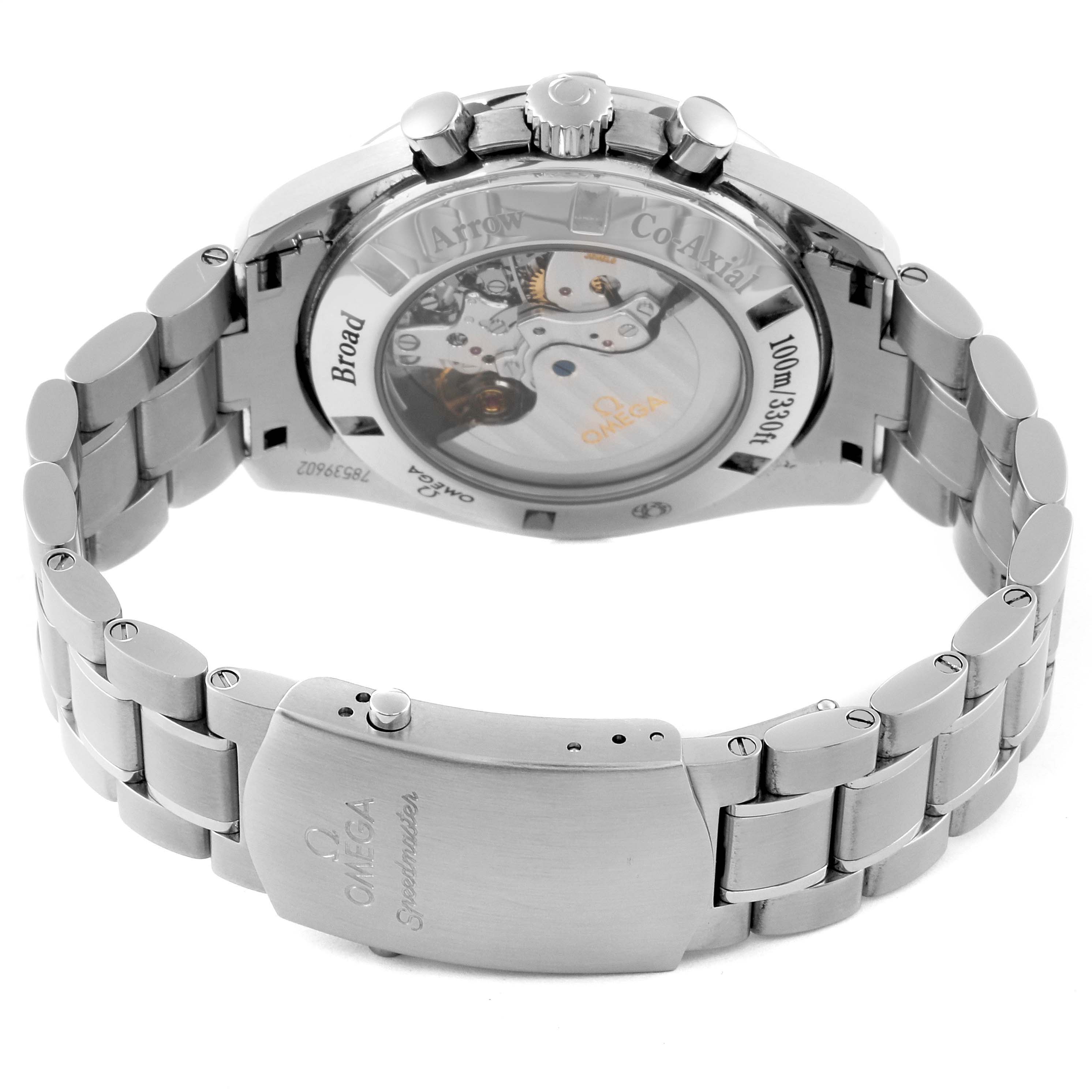 The image shows the back view of an Omega Speedmaster 321.10.44.50.01.001 Men
s Stainless Steel Black Dial 321.10.44.50.01.001 Men
s Stainless Steel Black Dial watch, highlighting the transparent case back and bracelet clasp.