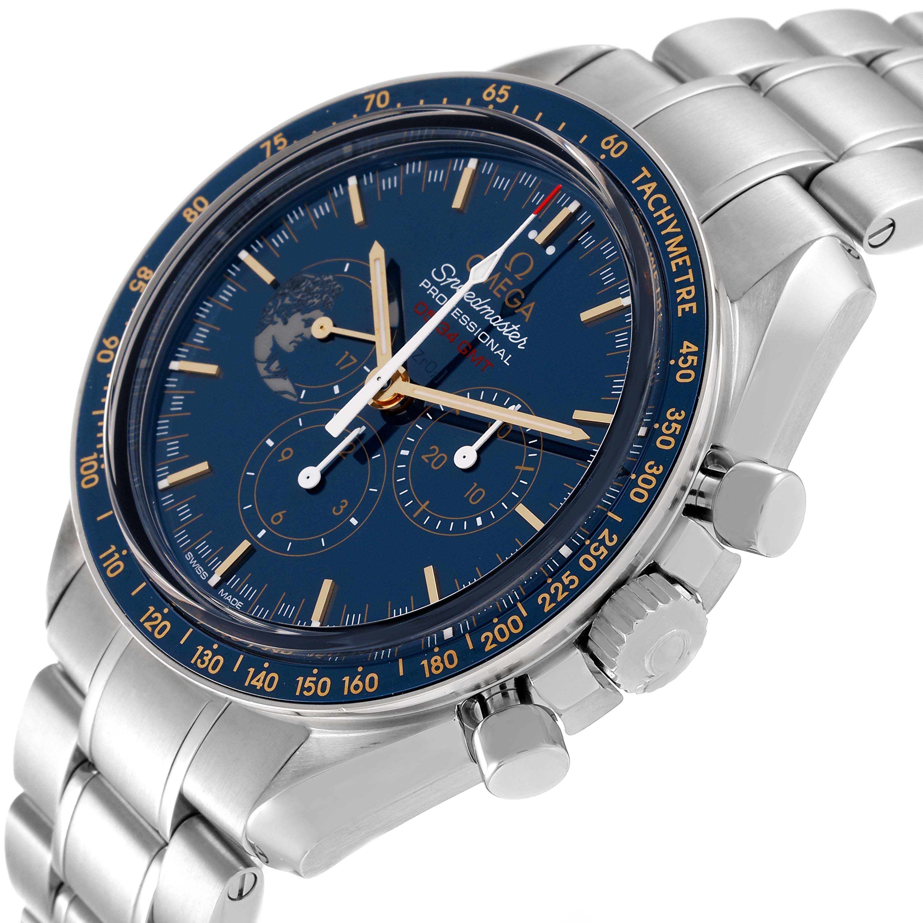 The Omega Speedmaster 311.30.42.30.03.001 Men's Stainless Steel Blue Dial 311.30.42.30.03.001 Men's Stainless Steel Blue Dial watch is shown at an angled side view, highlighting the dial, bezel, and metallic bracelet.
