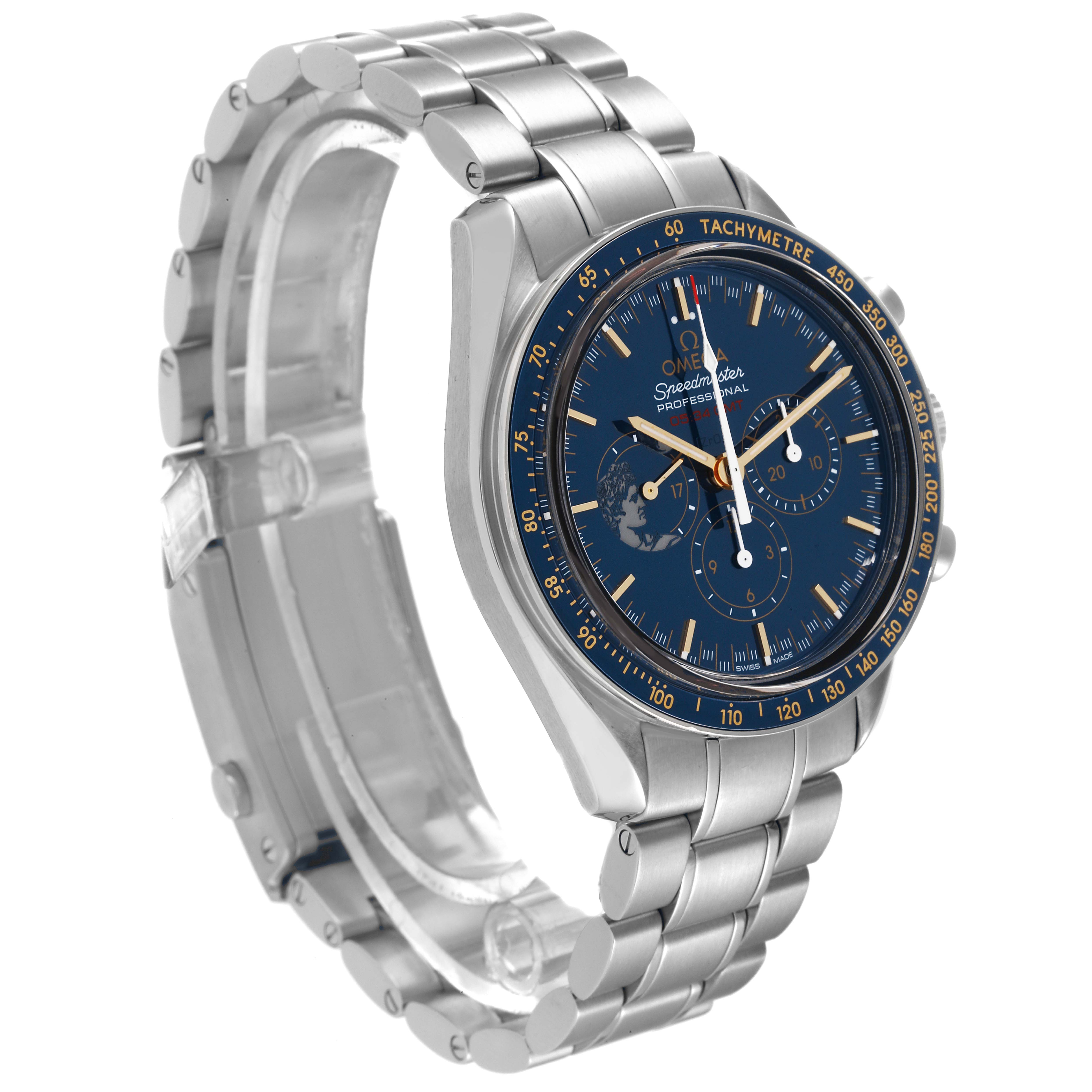 The Omega Speedmaster 311.30.42.30.03.001 Men's Stainless Steel Blue Dial 311.30.42.30.03.001 Men's Stainless Steel Blue Dial watch is shown at a slight angle from above, displaying the face, bezel, and metal bracelet.