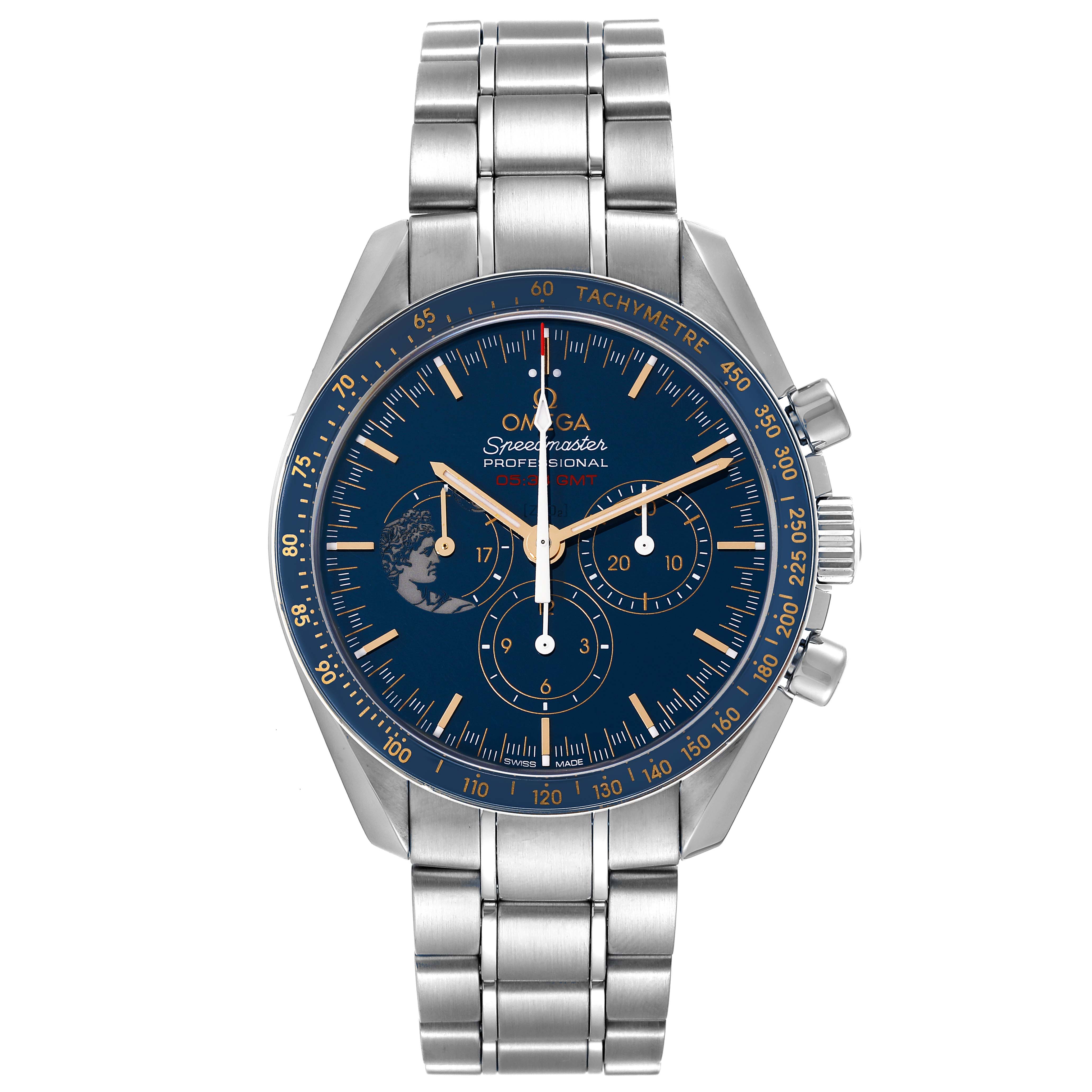The image shows a front view of an Omega Speedmaster 311.30.42.30.03.001 Men's Stainless Steel Blue Dial 311.30.42.30.03.001 Men's Stainless Steel Blue Dial watch with its dial and metal strap clearly visible.