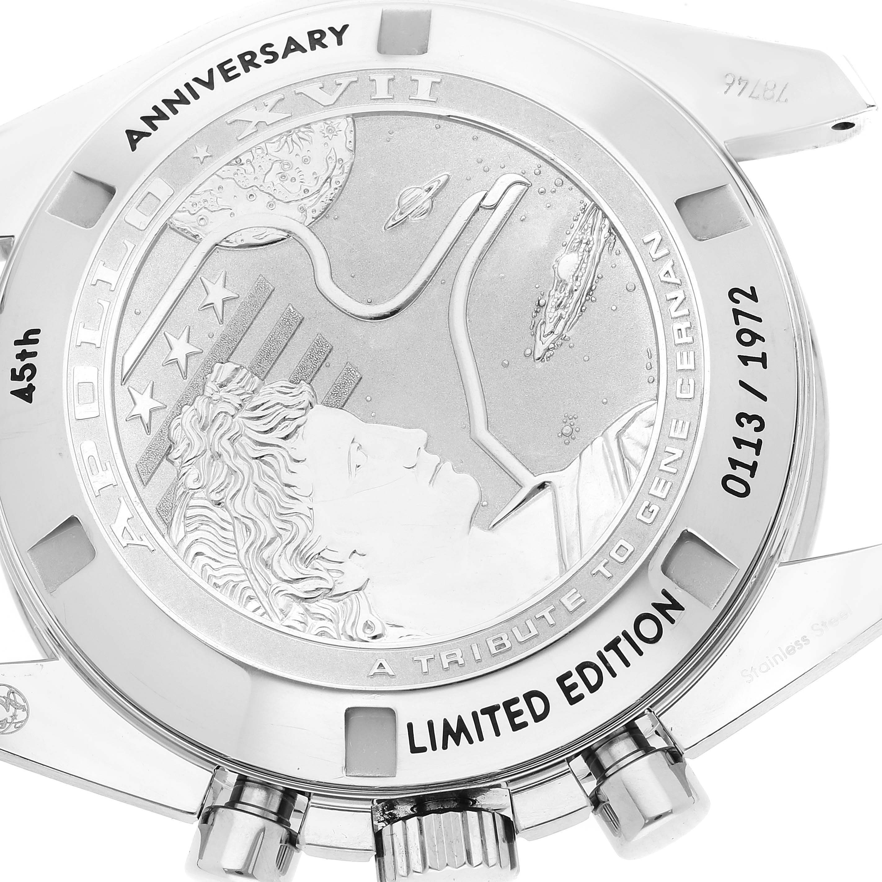 The image shows the engraved case back of the Omega Speedmaster 311.30.42.30.03.001 Men's Stainless Steel Blue Dial 311.30.42.30.03.001 Men's Stainless Steel Blue Dial, commemorating the 45th anniversary of Apollo XVII.