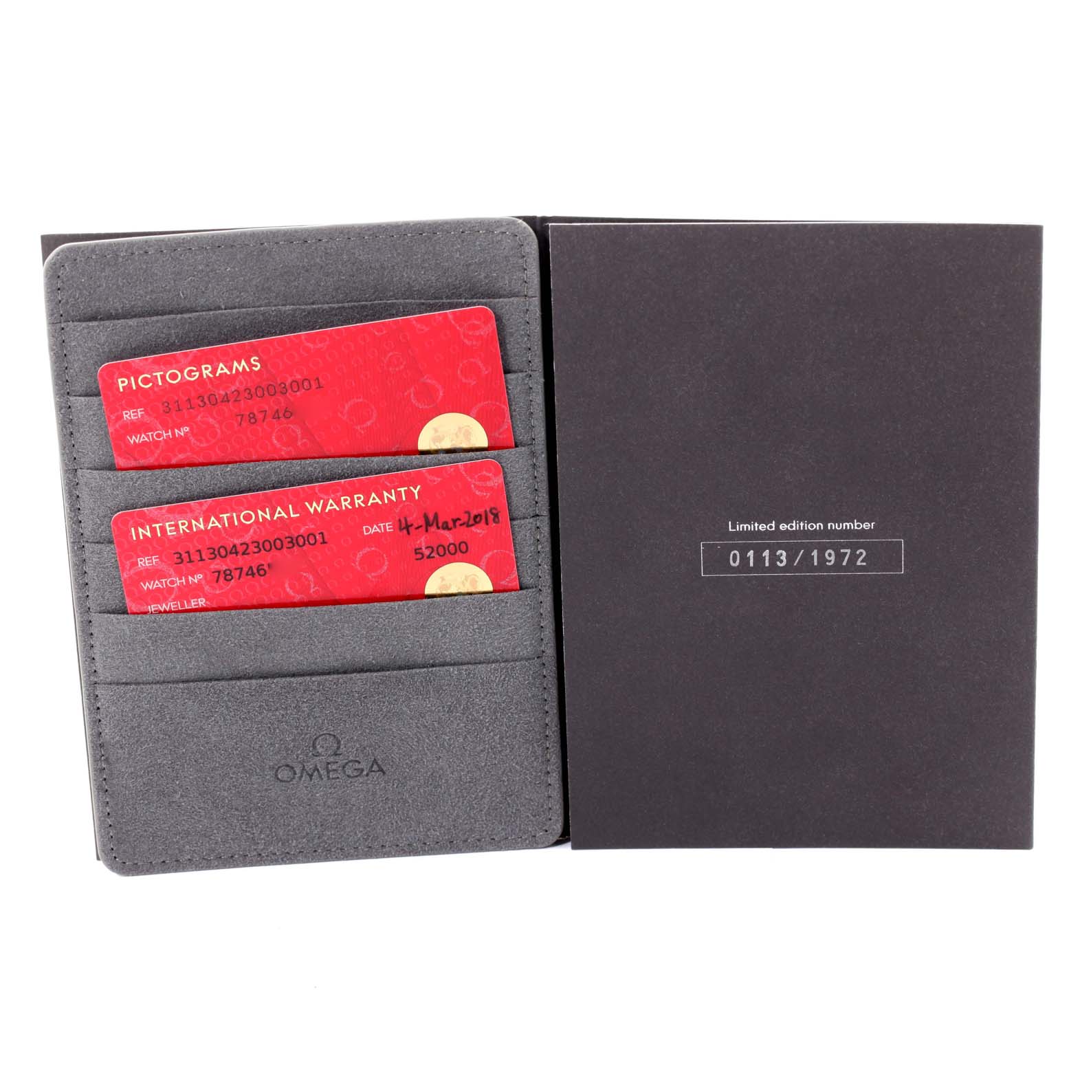 The image shows the warranty cards and limited edition number for the Omega Speedmaster 311.30.42.30.03.001 Men's Stainless Steel Blue Dial 311.30.42.30.03.001 Men's Stainless Steel Blue Dial watch in a cardholder.