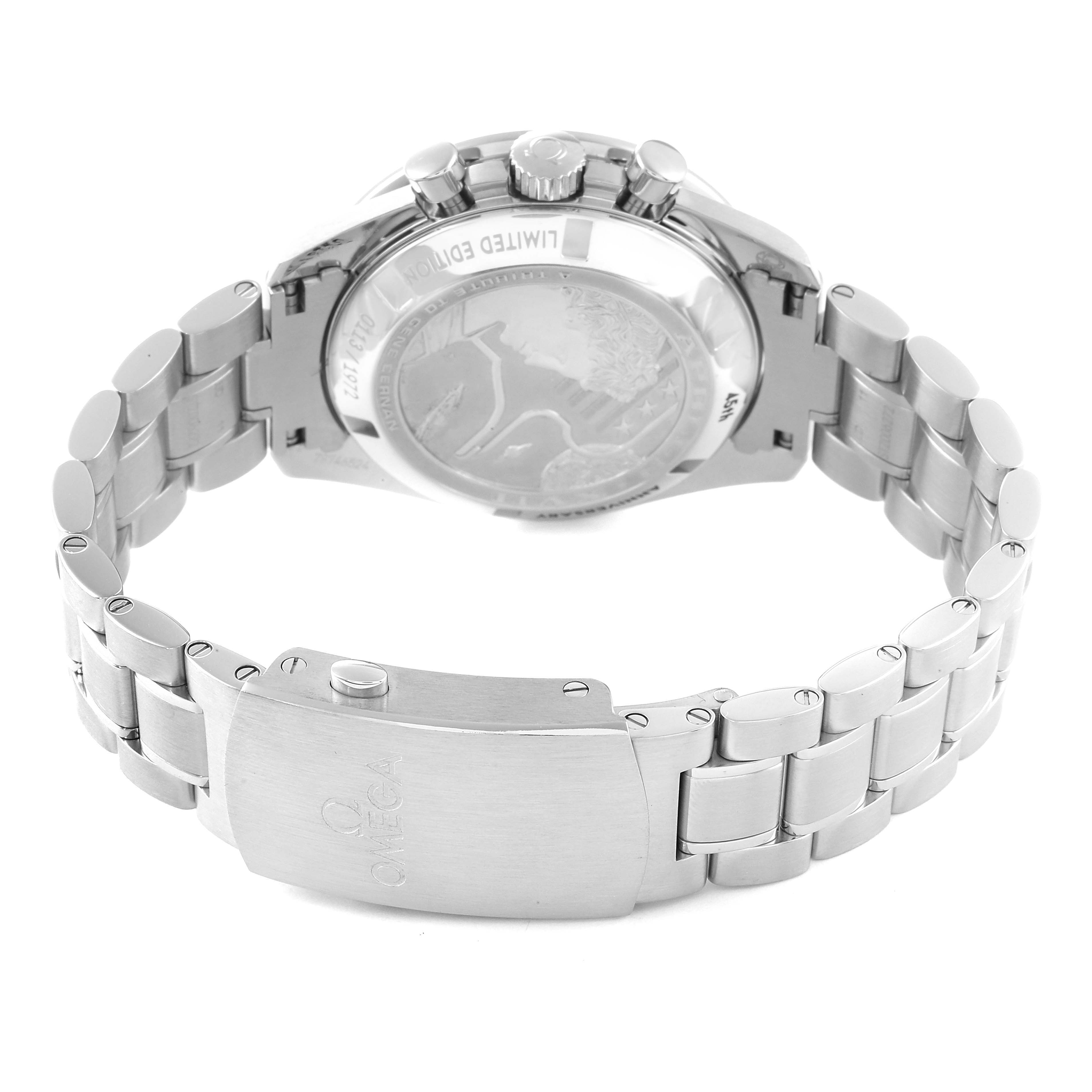 This image shows the back and side, including the clasp, of an Omega Speedmaster 311.30.42.30.03.001 Men's Stainless Steel Blue Dial 311.30.42.30.03.001 Men's Stainless Steel Blue Dial watch.