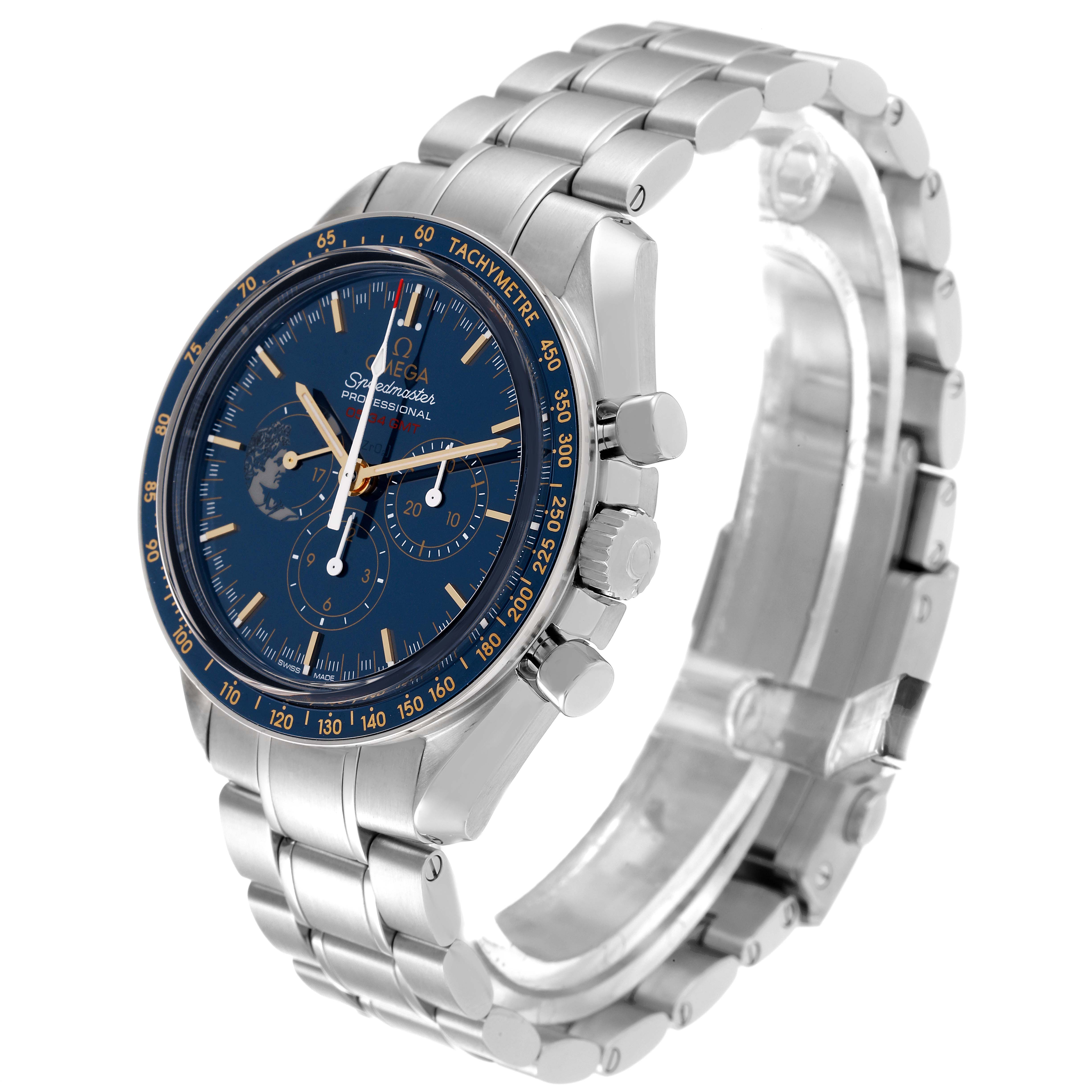 The image shows the front and side view of an Omega Speedmaster 311.30.42.30.03.001 Men's Stainless Steel Blue Dial 311.30.42.30.03.001 Men's Stainless Steel Blue Dial watch, including the dial, bezel, and stainless steel bracelet.