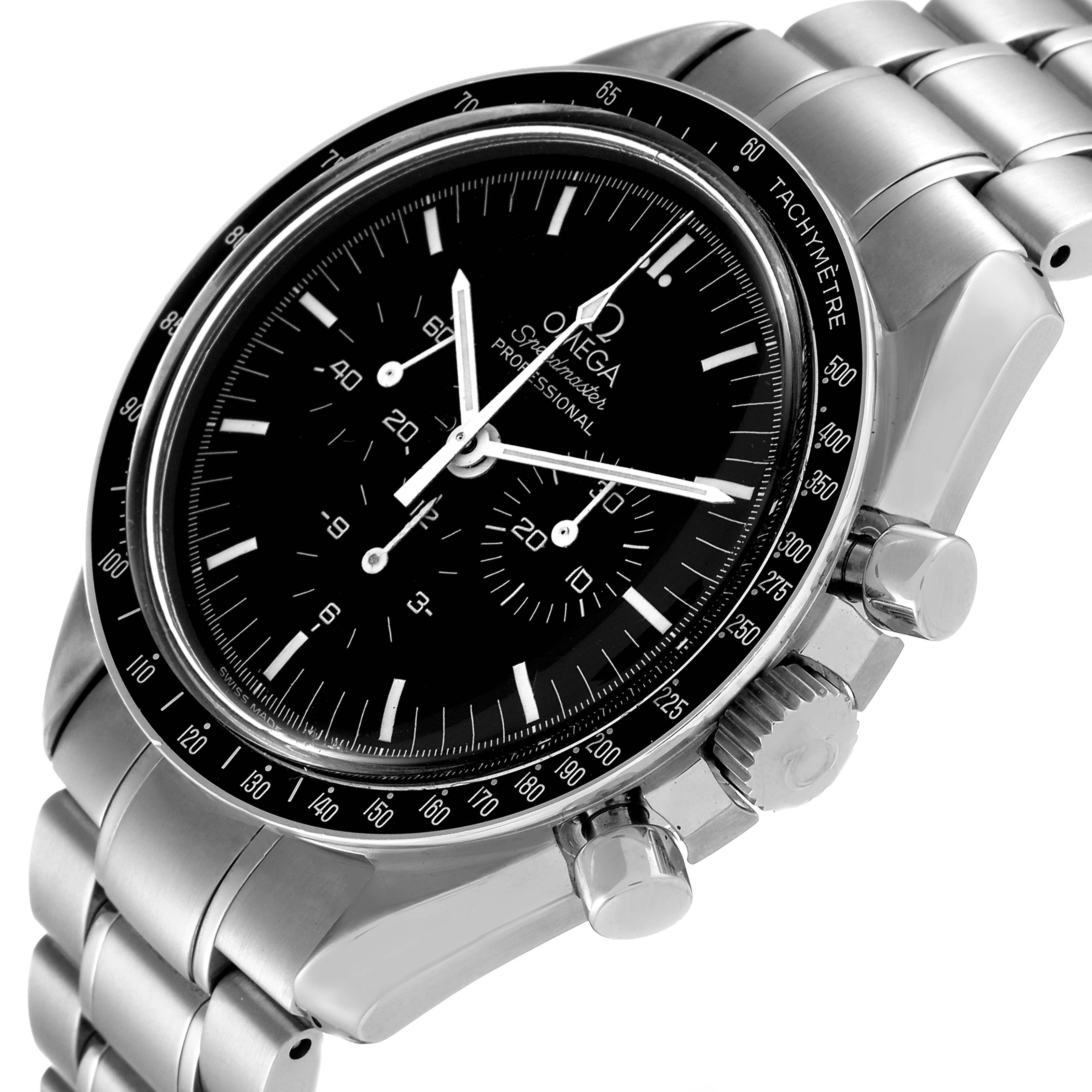 The image shows an Omega Speedmaster 3572.50.00 Men's Stainless Steel Black Dial 3572.50.00 Men's Stainless Steel Black Dial watch, angled from the front-left, highlighting the face, bezel, crown, and part of the bracelet.