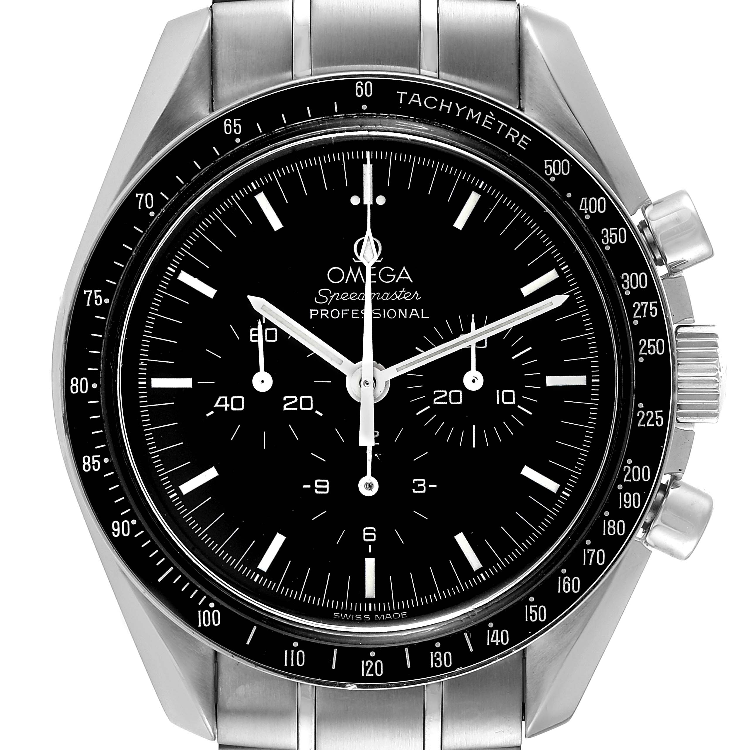 The image shows a frontal view of an Omega Speedmaster 3572.50.00 Men's Stainless Steel Black Dial 3572.50.00 Men's Stainless Steel Black Dial Professional watch, highlighting the dial, bezel, pushers, and bracelet.