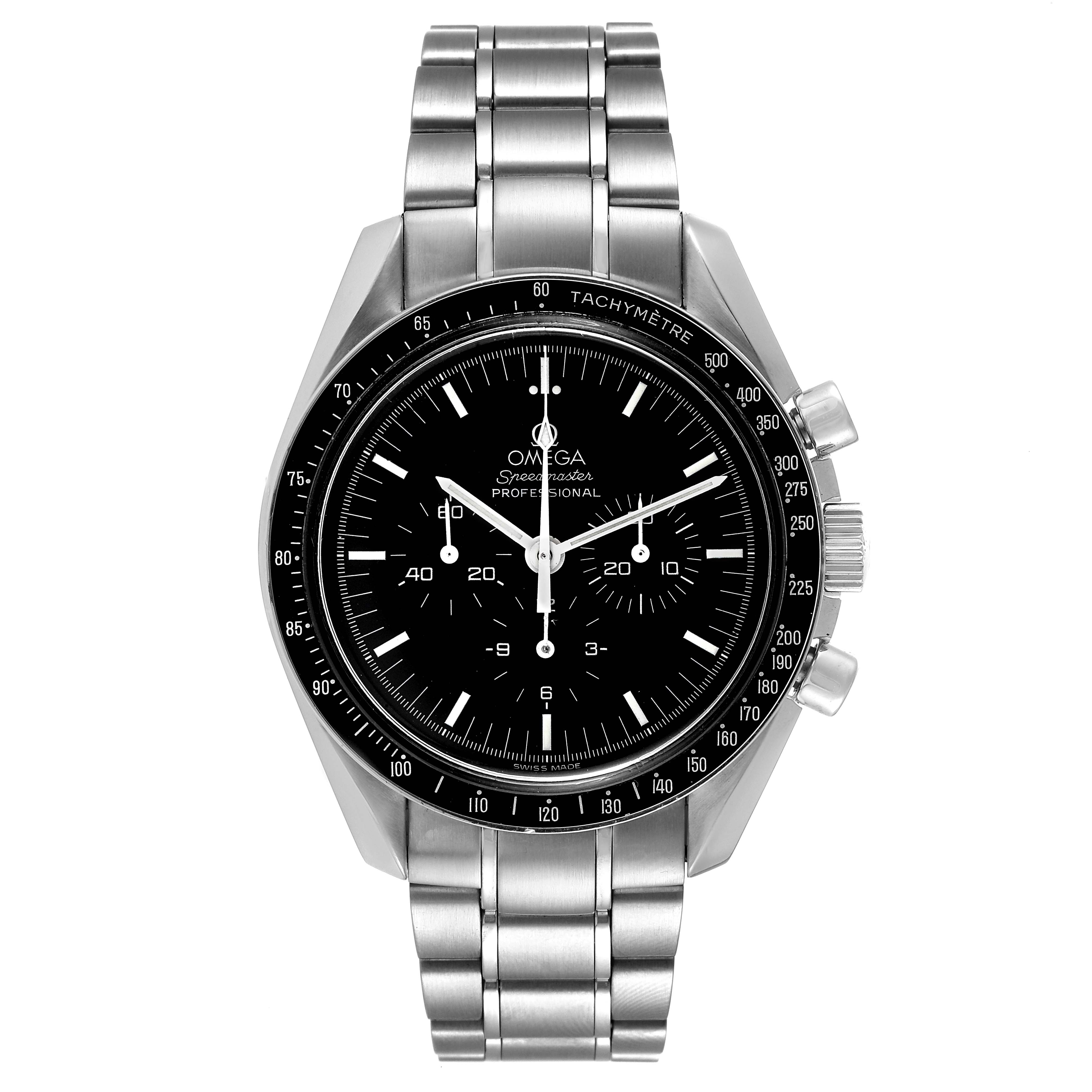 The Omega Speedmaster 3572.50.00 Men's Stainless Steel Black Dial 3572.50.00 Men's Stainless Steel Black Dial is shown from a front angle, displaying the dial, bezel, and stainless steel bracelet.