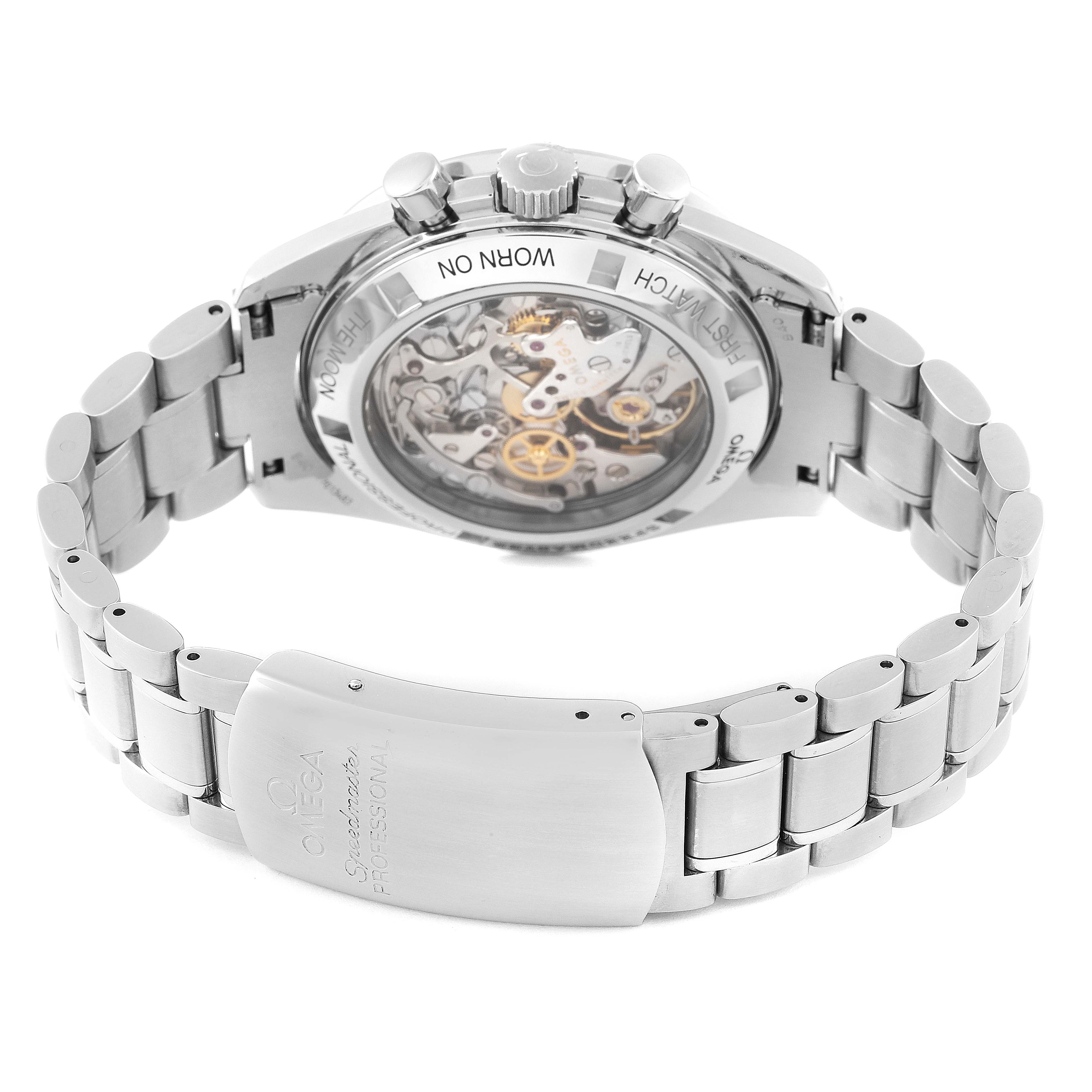 The image shows the back view of an Omega Speedmaster 3572.50.00 Men's Stainless Steel Black Dial 3572.50.00 Men's Stainless Steel Black Dial watch, revealing its open case back and stainless steel bracelet.