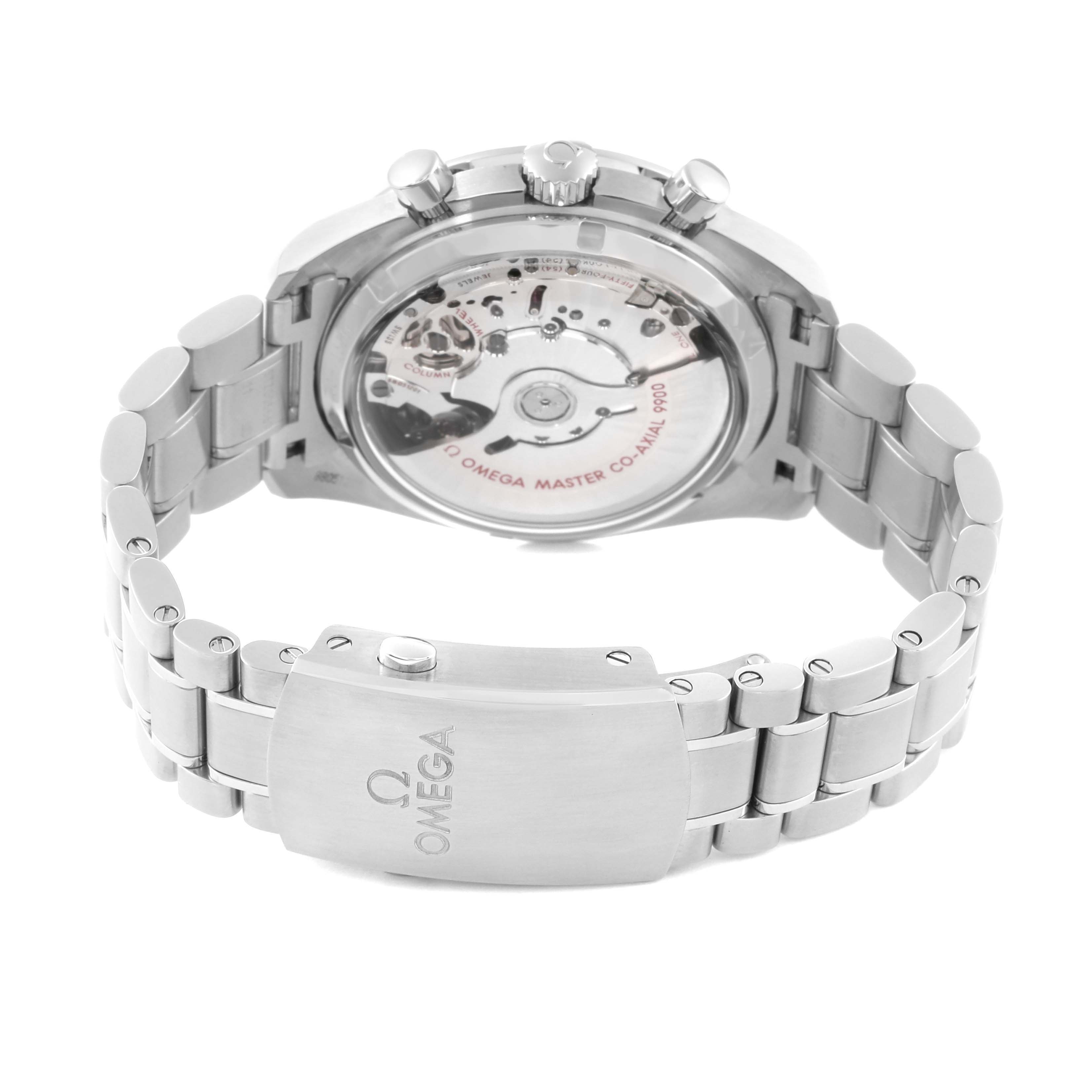 This image shows the rear view of an Omega Speedmaster 329.30.44.51.01.001 Men's Stainless Steel Black Dial 329.30.44.51.01.001 Men's Stainless Steel Black Dial watch, highlighting its transparent case back and stainless steel bracelet.