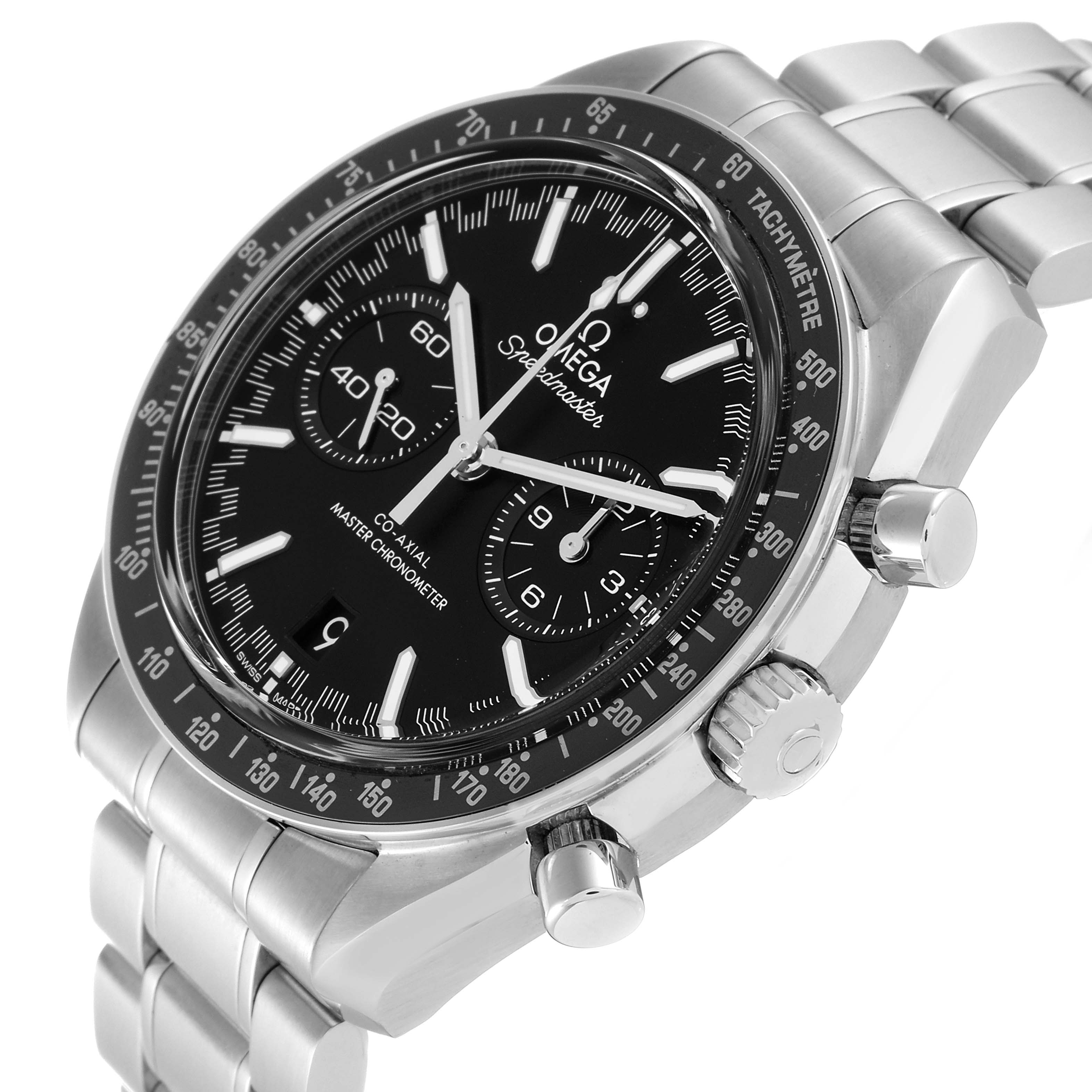 The Omega Speedmaster 329.30.44.51.01.001 Men's Stainless Steel Black Dial 329.30.44.51.01.001 Men's Stainless Steel Black Dial watch is shown at an angle emphasizing the face, bezel, pushers, and part of the stainless steel bracelet.