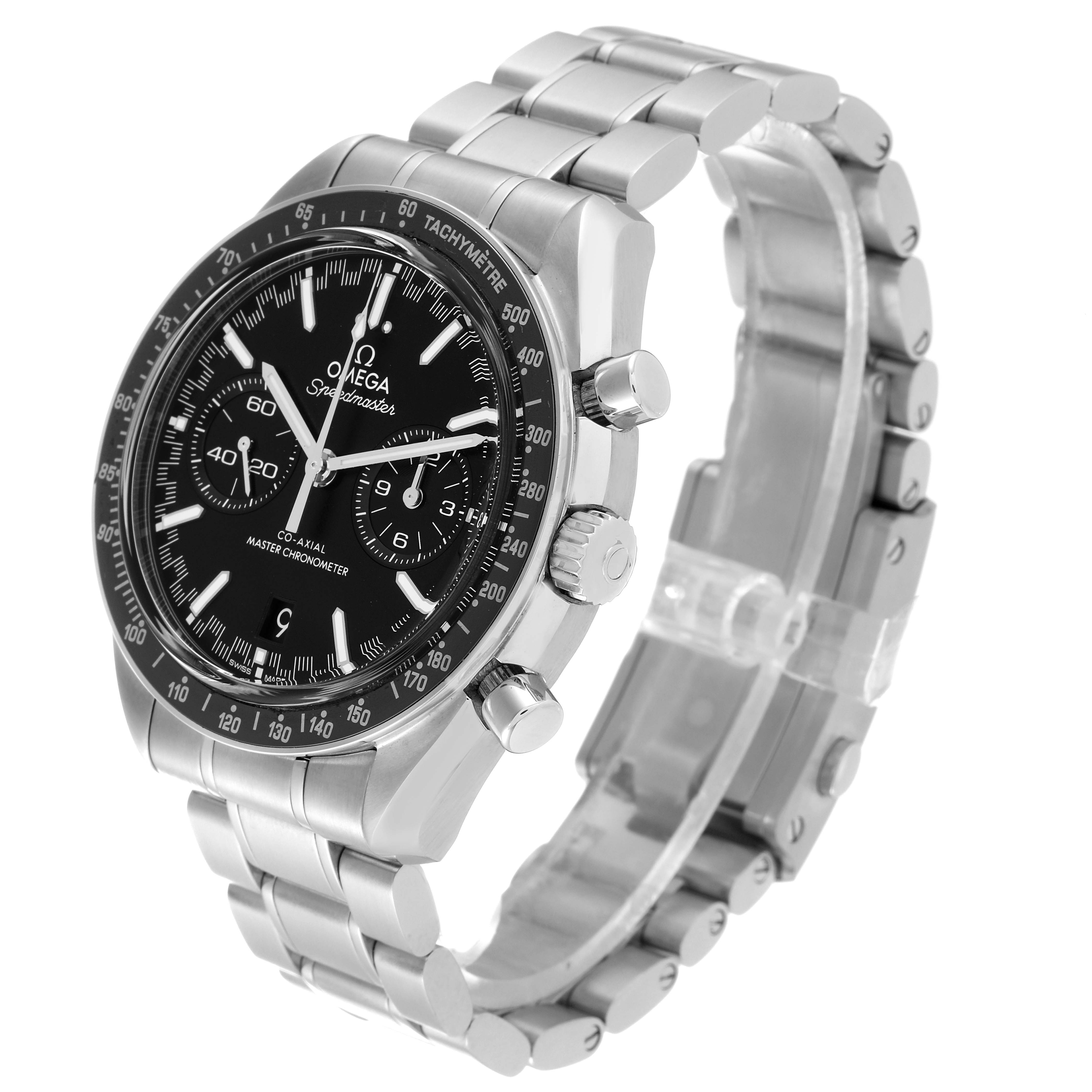 This Omega Speedmaster 329.30.44.51.01.001 Men's Stainless Steel Black Dial 329.30.44.51.01.001 Men's Stainless Steel Black Dial watch is shown at an angle, displaying the dial, bezel, pushers, and entire metal bracelet.