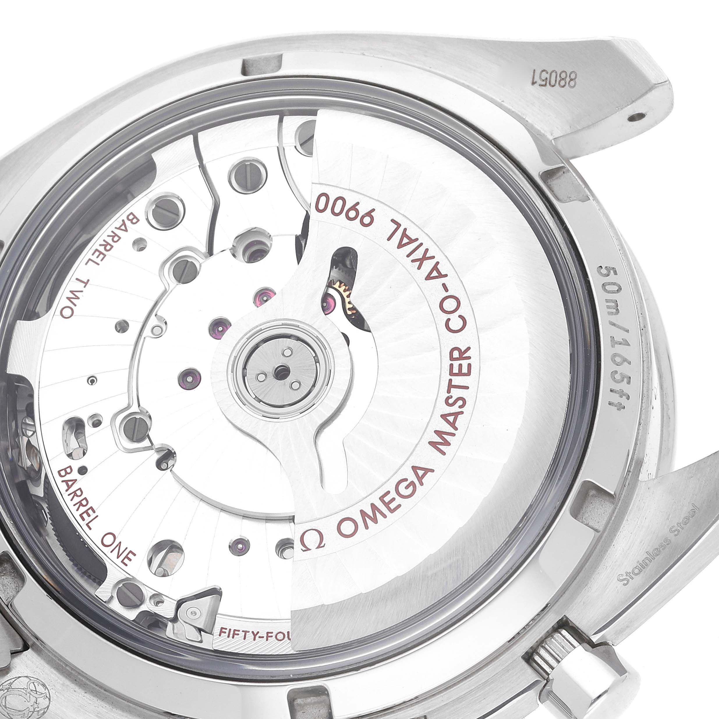 The image shows the case back view of an Omega Speedmaster 329.30.44.51.01.001 Men's Stainless Steel Black Dial 329.30.44.51.01.001 Men's Stainless Steel Black Dial watch, revealing its inner mechanical movement and details.