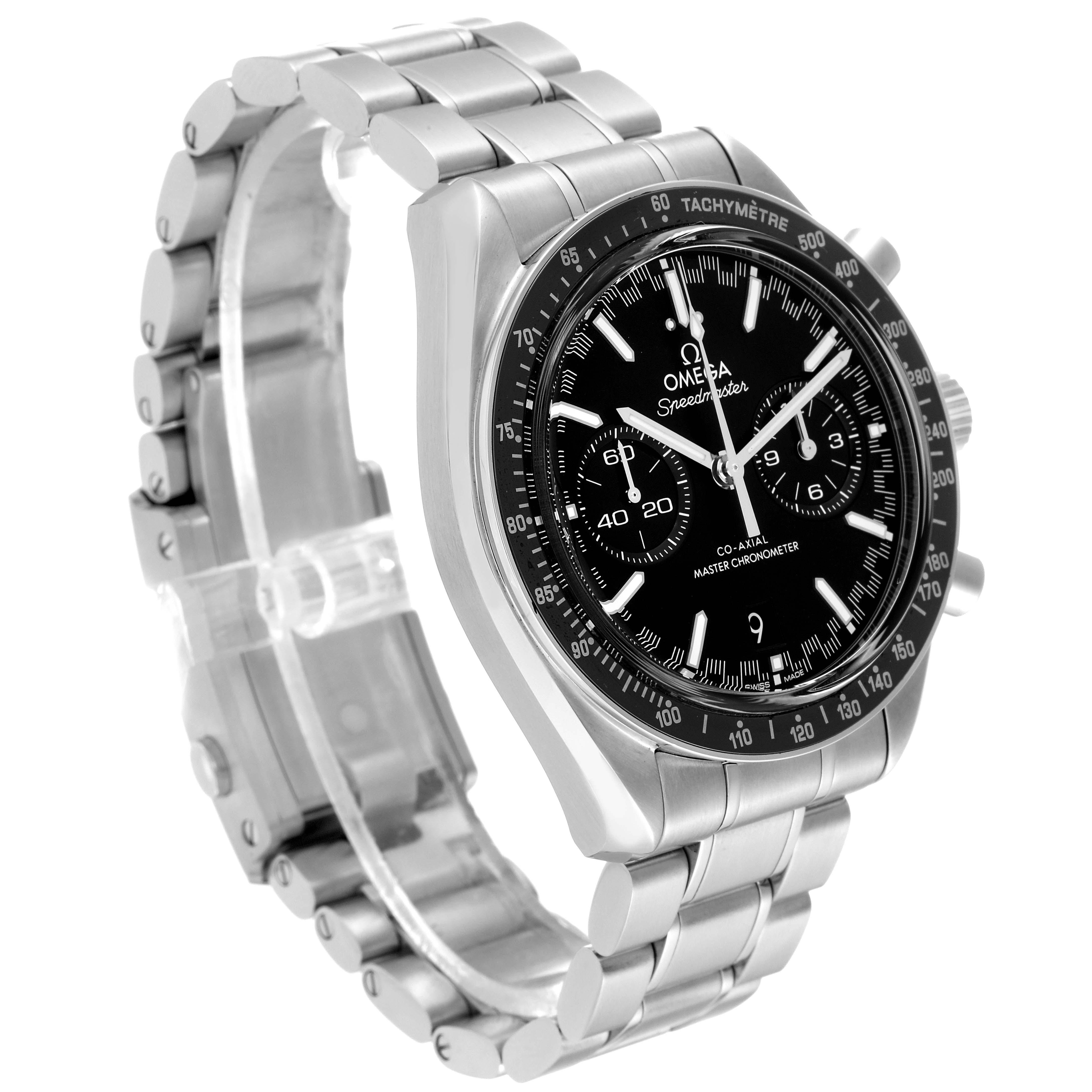 This image shows an Omega Speedmaster 329.30.44.51.01.001 Men's Stainless Steel Black Dial 329.30.44.51.01.001 Men's Stainless Steel Black Dial watch angled to display its face, bezel, and metal bracelet.