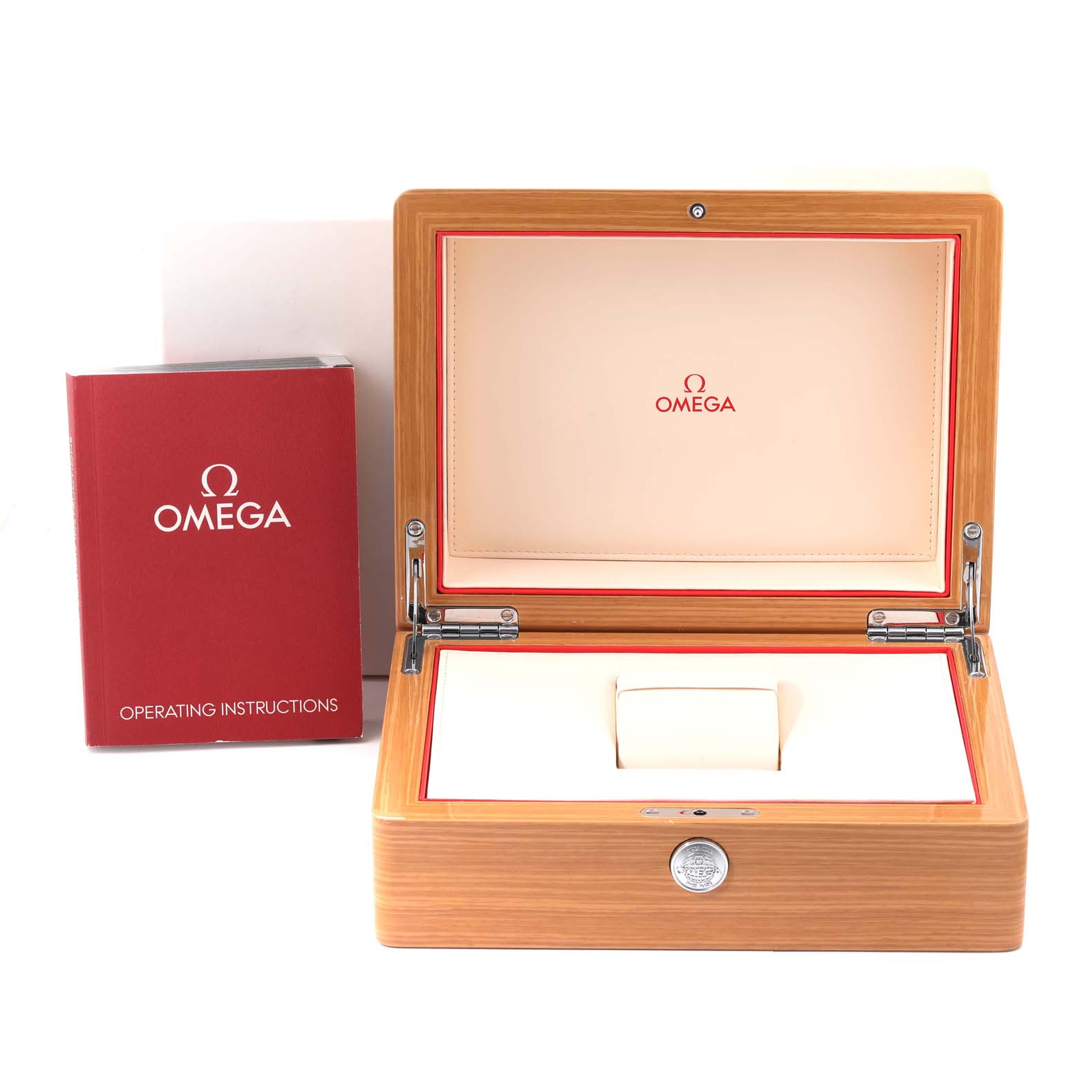 The image shows an open Omega Speedmaster 329.30.44.51.01.001 Men's Stainless Steel Black Dial 329.30.44.51.01.001 Men's Stainless Steel Black Dial watch box and its operating instructions manual from a front angle.