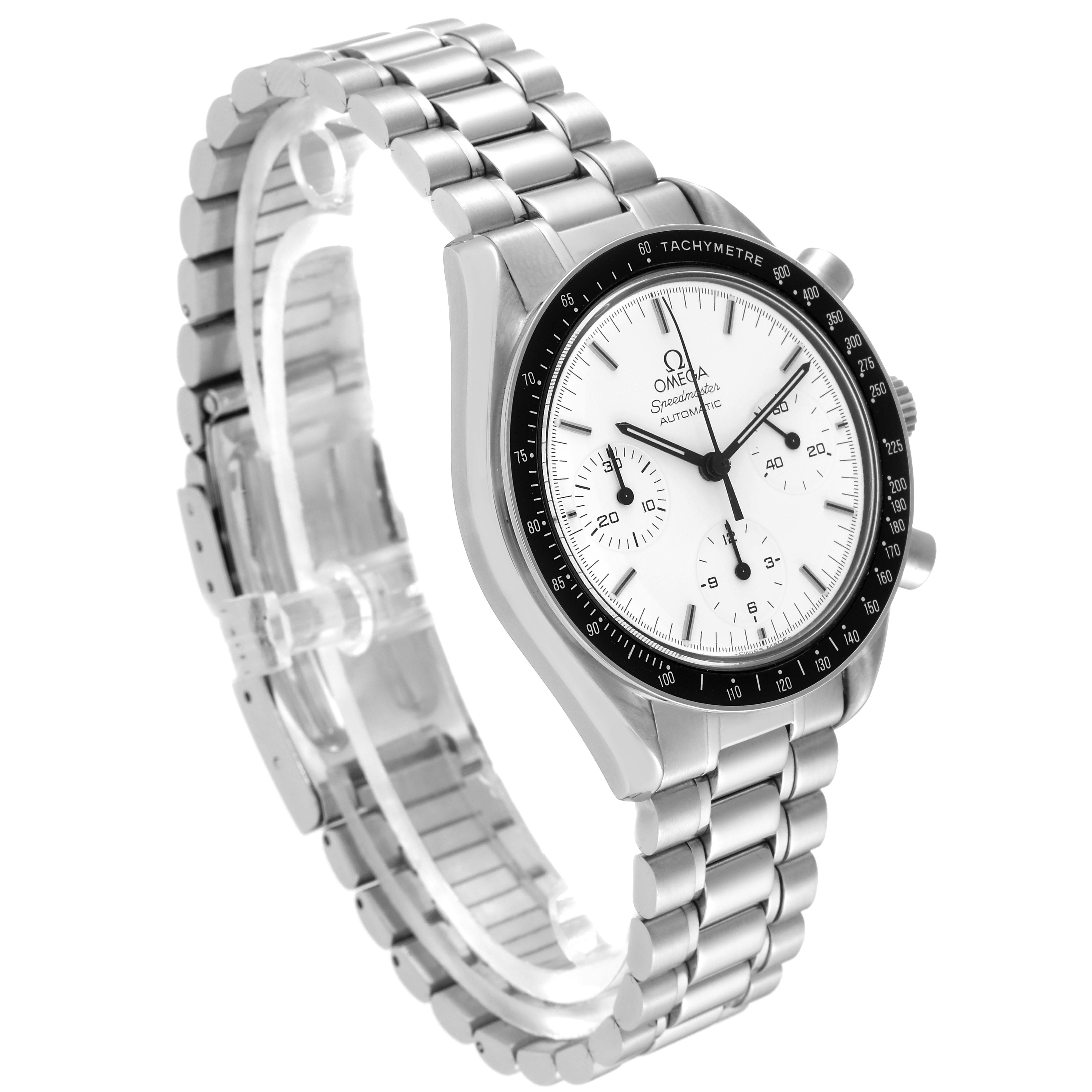 The image shows a side angle of the Omega Speedmaster 3510.20.00 Men
s Stainless Steel White Dial 3510.20.00 Men
s Stainless Steel White Dial watch, featuring its stainless steel bracelet and tachymeter bezel.