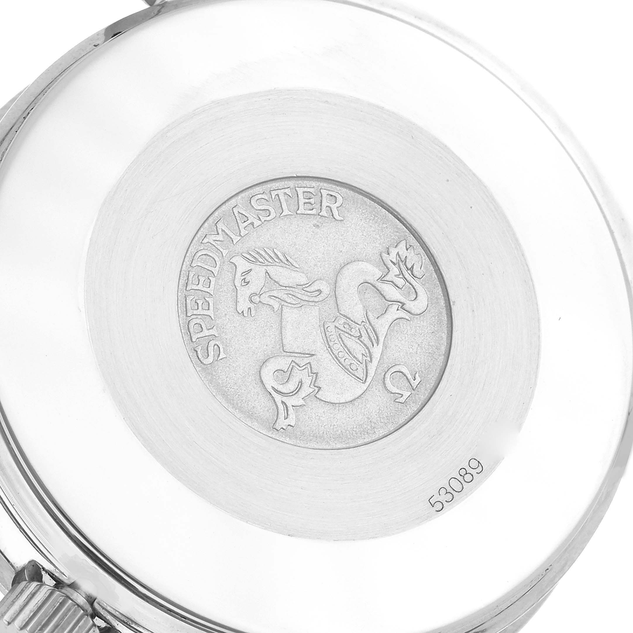 The image shows the back case of an Omega Speedmaster 3510.20.00 Men
s Stainless Steel White Dial 3510.20.00 Men
s Stainless Steel White Dial watch, highlighting its engraving and model number.