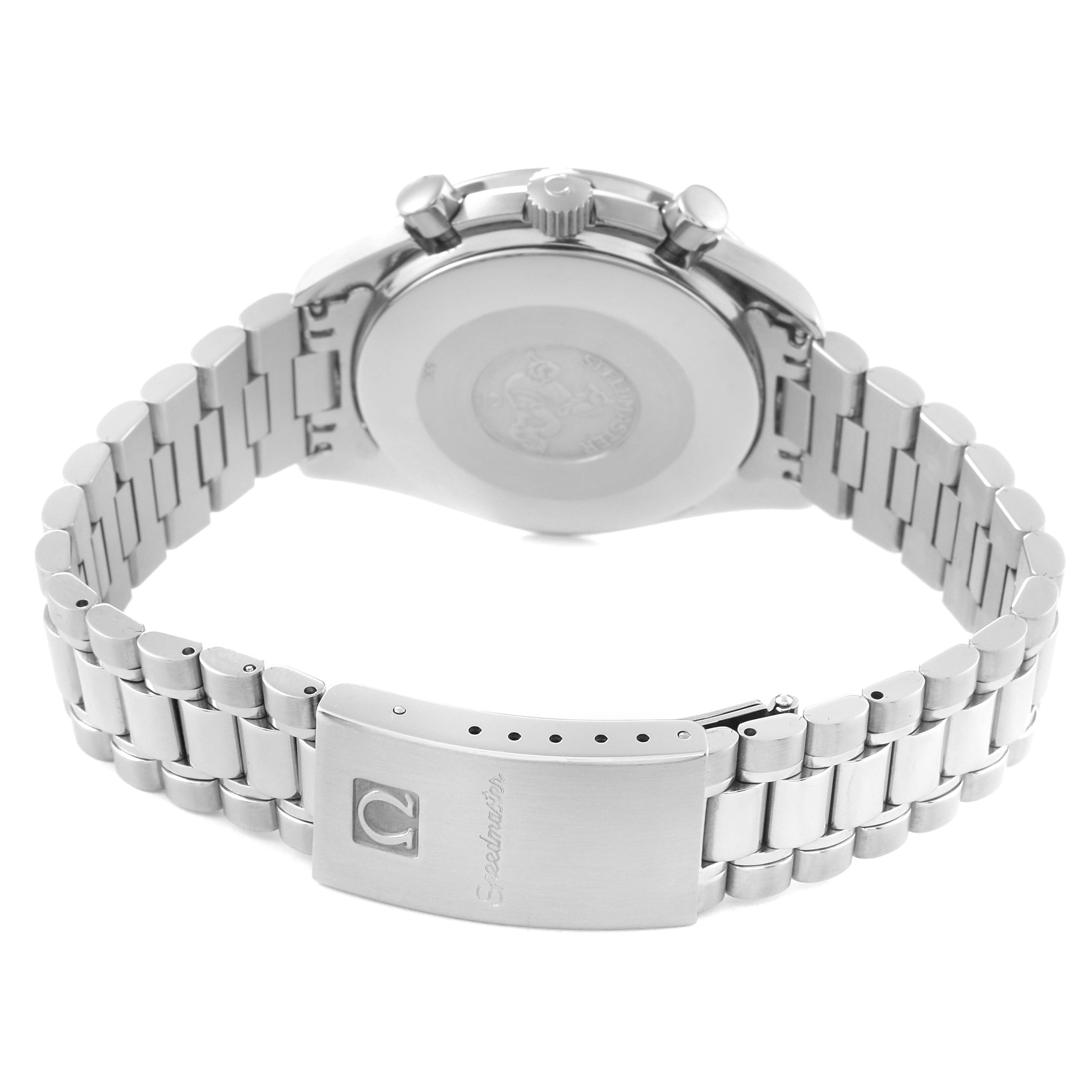 The image shows the back and clasp of an Omega Speedmaster 3510.20.00 Men
s Stainless Steel White Dial 3510.20.00 Men
s Stainless Steel White Dial watch from a rear angle.