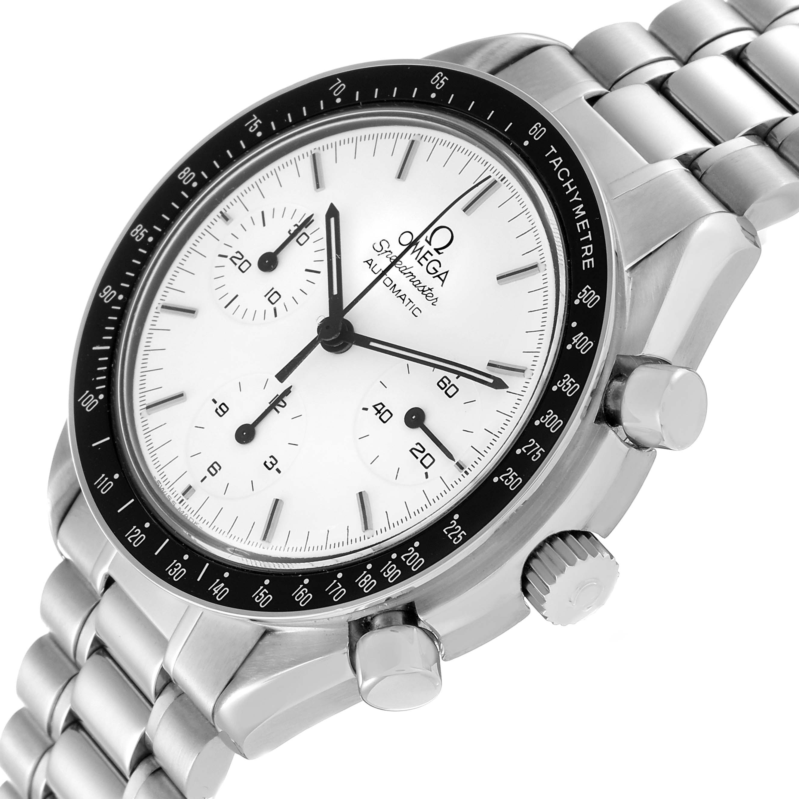 The Omega Speedmaster 3510.20.00 Men
s Stainless Steel White Dial 3510.20.00 Men
s Stainless Steel White Dial watch is shown at an angle, displaying the face, tachymeter bezel, and stainless steel bracelet.