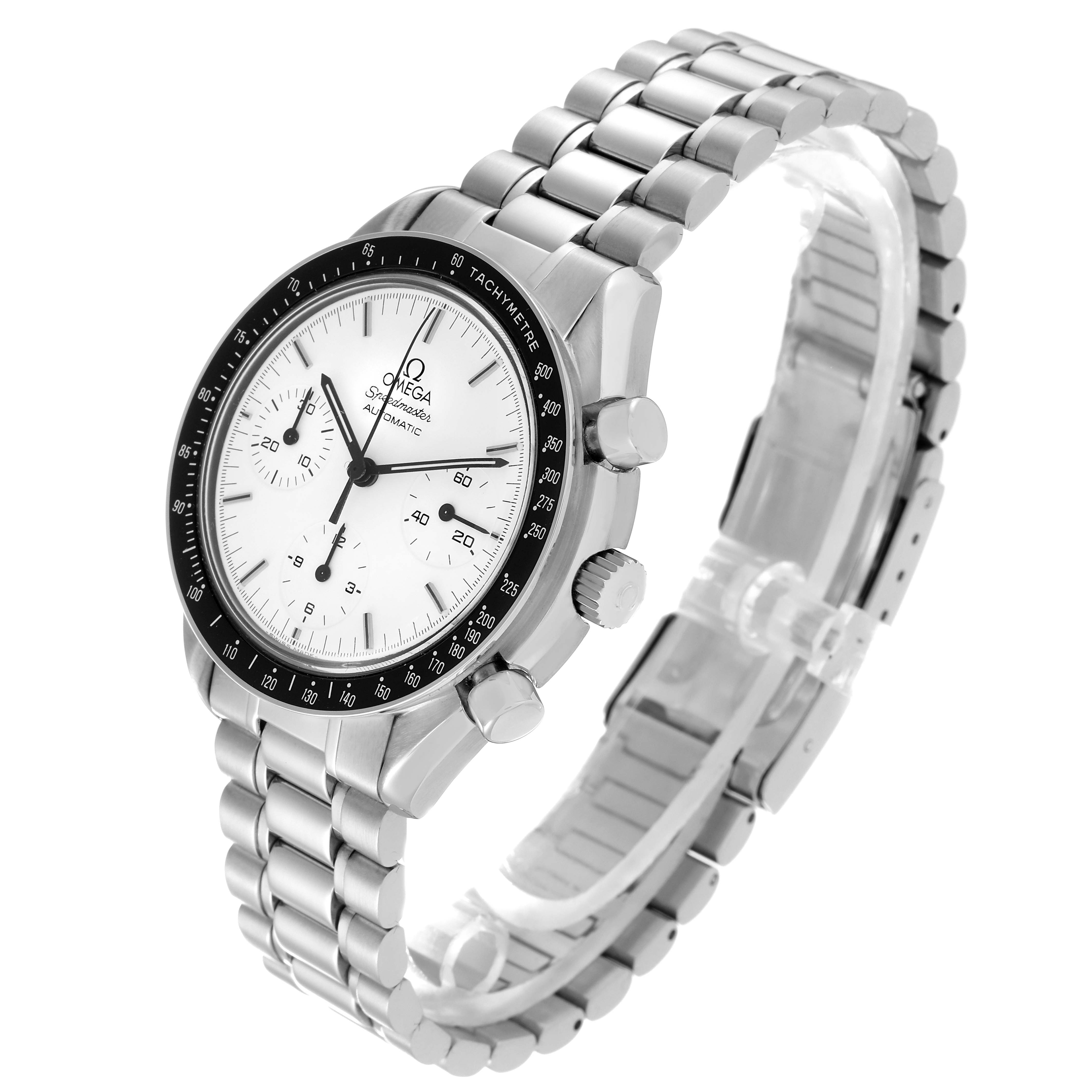 This image shows an angled view of the Omega Speedmaster 3510.20.00 Men
s Stainless Steel White Dial 3510.20.00 Men
s Stainless Steel White Dial watch, featuring the face, bezel, crown, pushers, and bracelet.