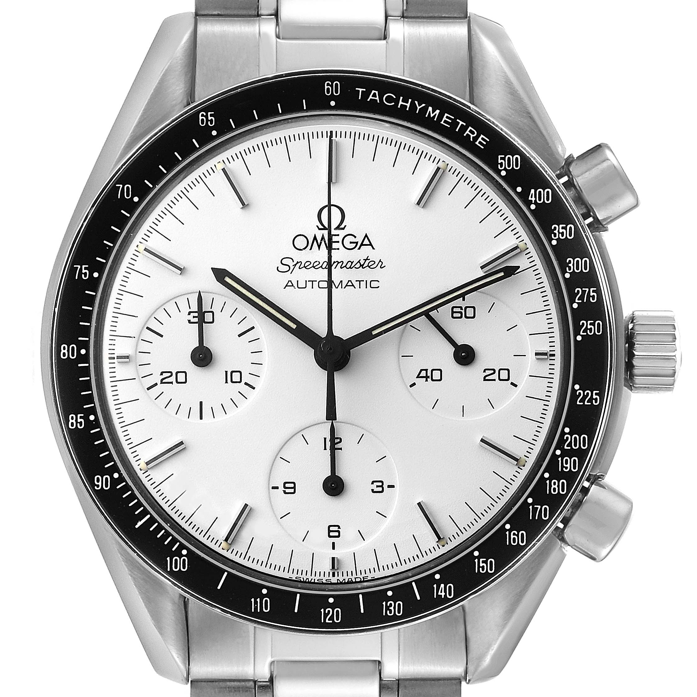 The image shows a front view of an Omega Speedmaster 3510.20.00 Men
s Stainless Steel White Dial 3510.20.00 Men
s Stainless Steel White Dial watch, displaying its face, bezel, and part of the bracelet.