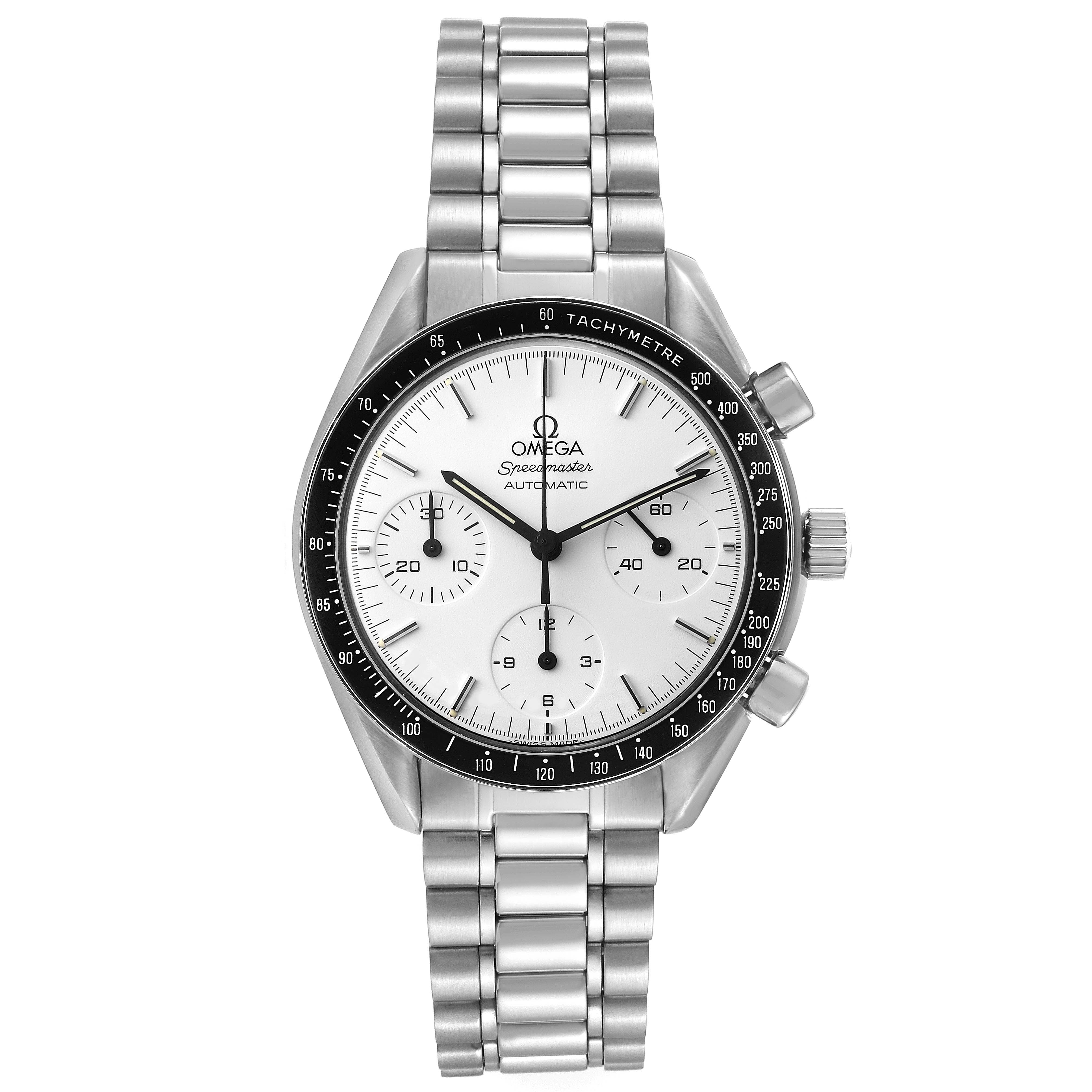 The image shows a front view of an Omega Speedmaster 3510.20.00 Men
s Stainless Steel White Dial 3510.20.00 Men
s Stainless Steel White Dial watch, detailing its silver bracelet, white dial, and black tachymeter bezel.