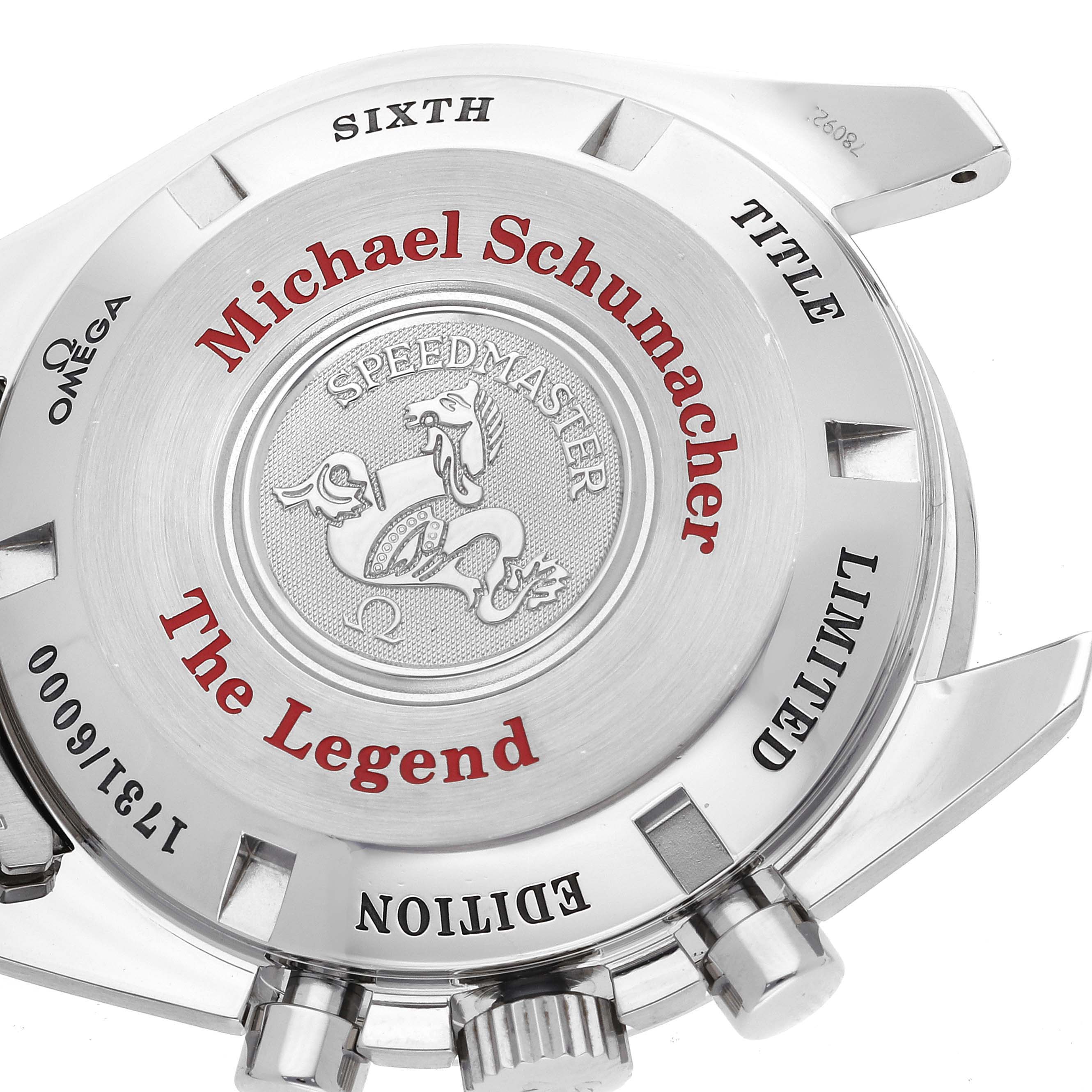 This image shows the case back of an Omega Speedmaster 3559.32.00 Men's Stainless Steel Silver Dial 3559.32.00 Men's Stainless Steel Silver Dial "The Legend" Michael Schumacher Limited Edition watch.