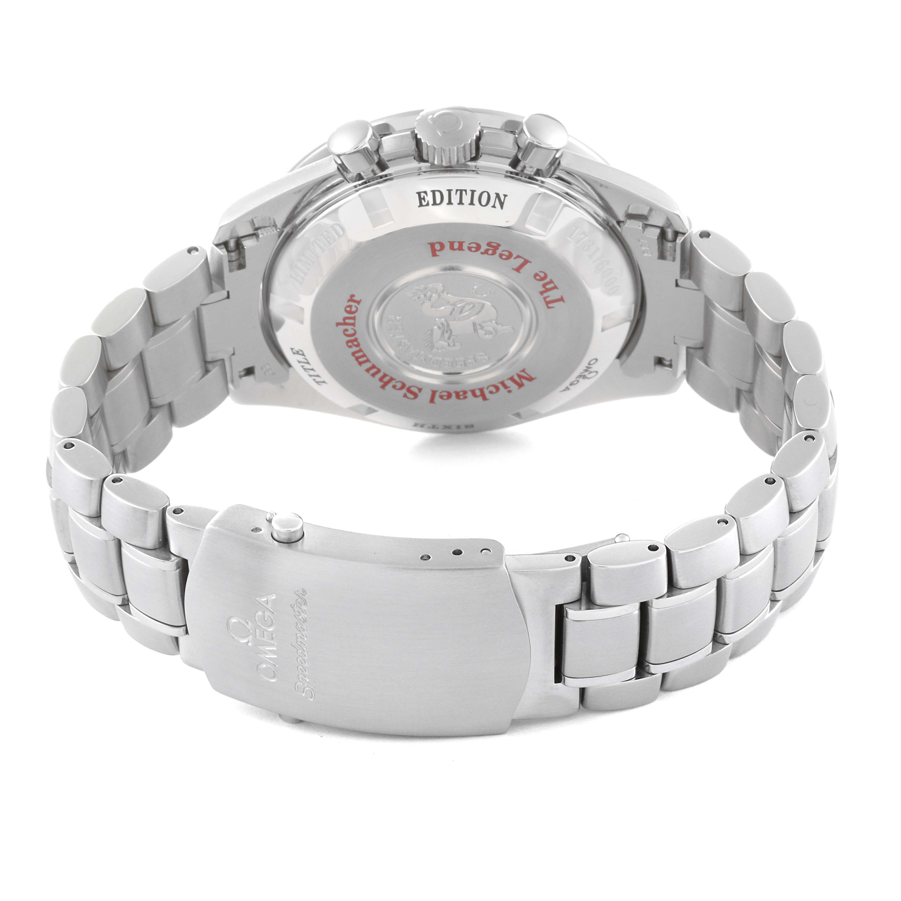 The image shows the back case and stainless steel bracelet of an Omega Speedmaster 3559.32.00 Men's Stainless Steel Silver Dial 3559.32.00 Men's Stainless Steel Silver Dial watch, highlighting the clasp and engraved case back.