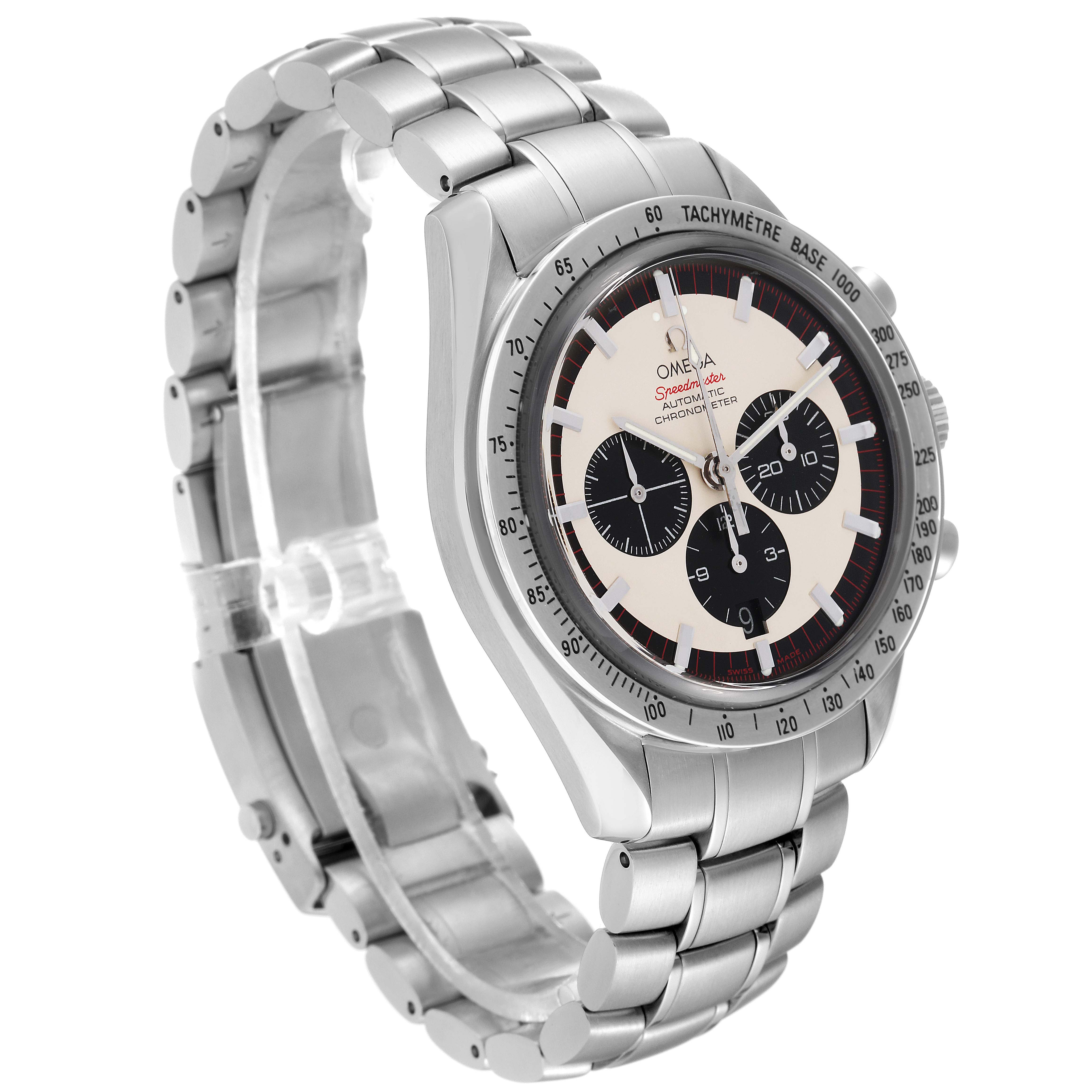 The image shows a side view of the Omega Speedmaster 3559.32.00 Men's Stainless Steel Silver Dial 3559.32.00 Men's Stainless Steel Silver Dial watch, highlighting its face, bezel, and stainless steel bracelet.