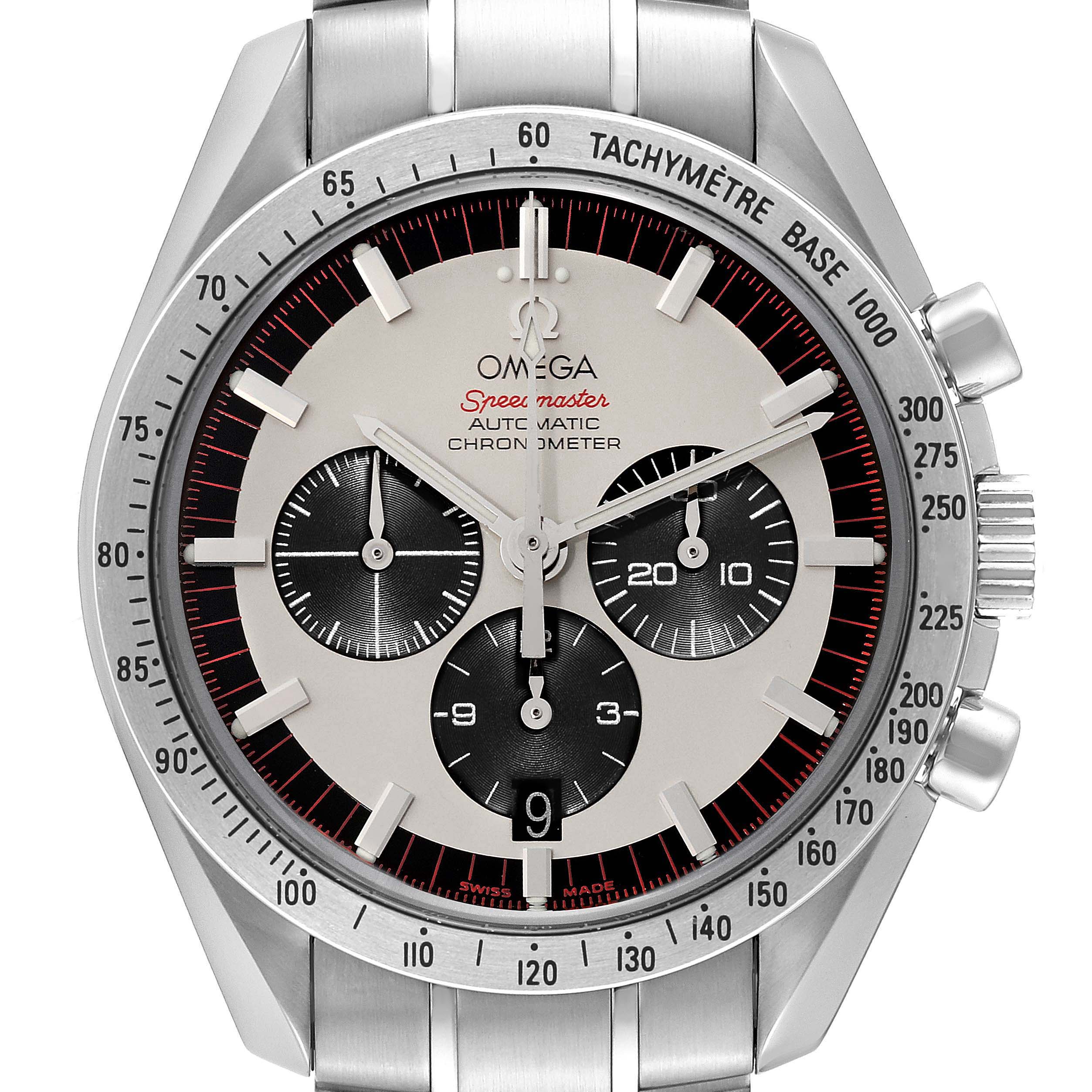The image shows the front view of an Omega Speedmaster 3559.32.00 Men's Stainless Steel Silver Dial 3559.32.00 Men's Stainless Steel Silver Dial watch, highlighting its dial, subdials, tachymeter bezel, and stainless steel bracelet.