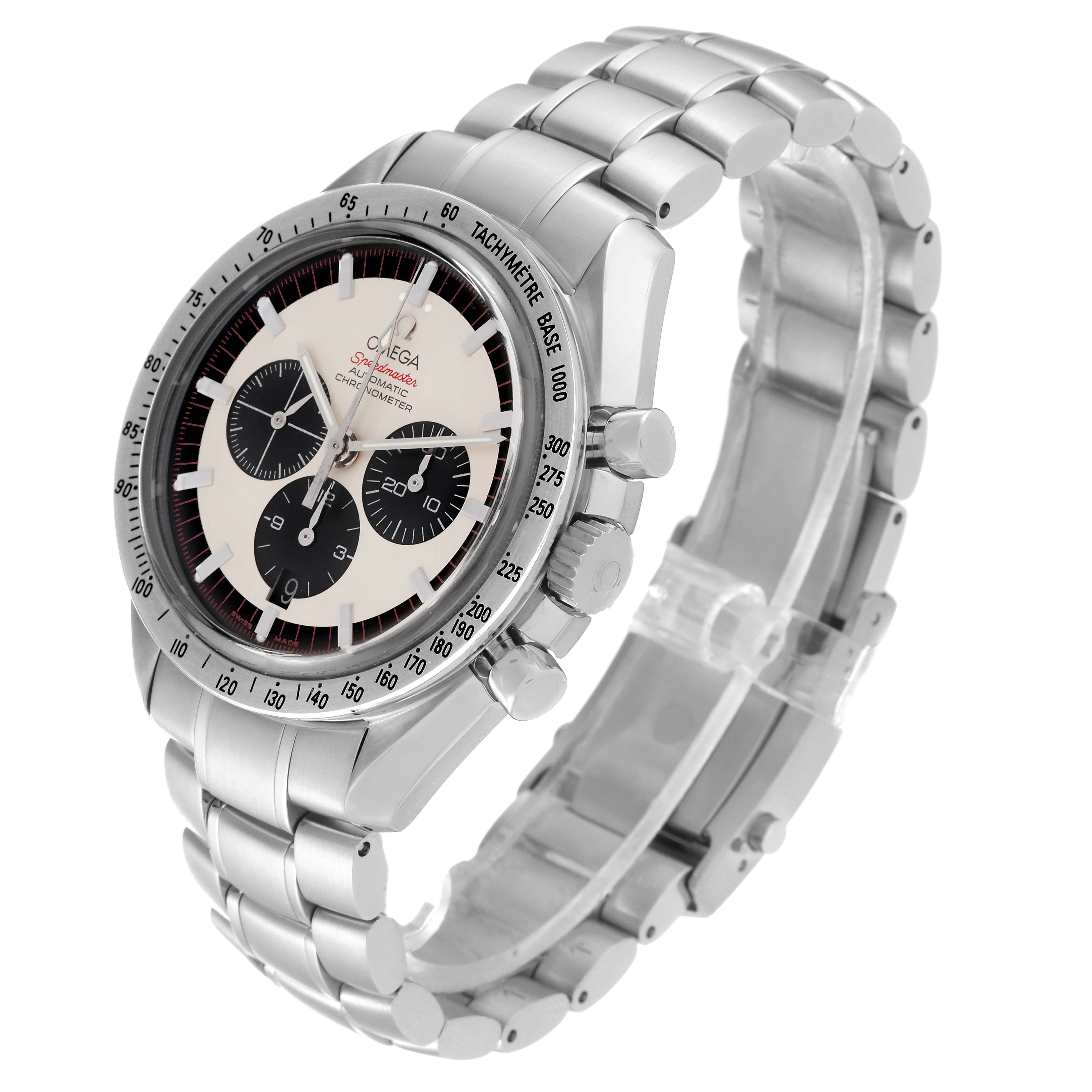 The image shows a side view of the Omega Speedmaster 3559.32.00 Men's Stainless Steel Silver Dial 3559.32.00 Men's Stainless Steel Silver Dial watch, highlighting the face, bezel, pushers, crown, and metal bracelet.