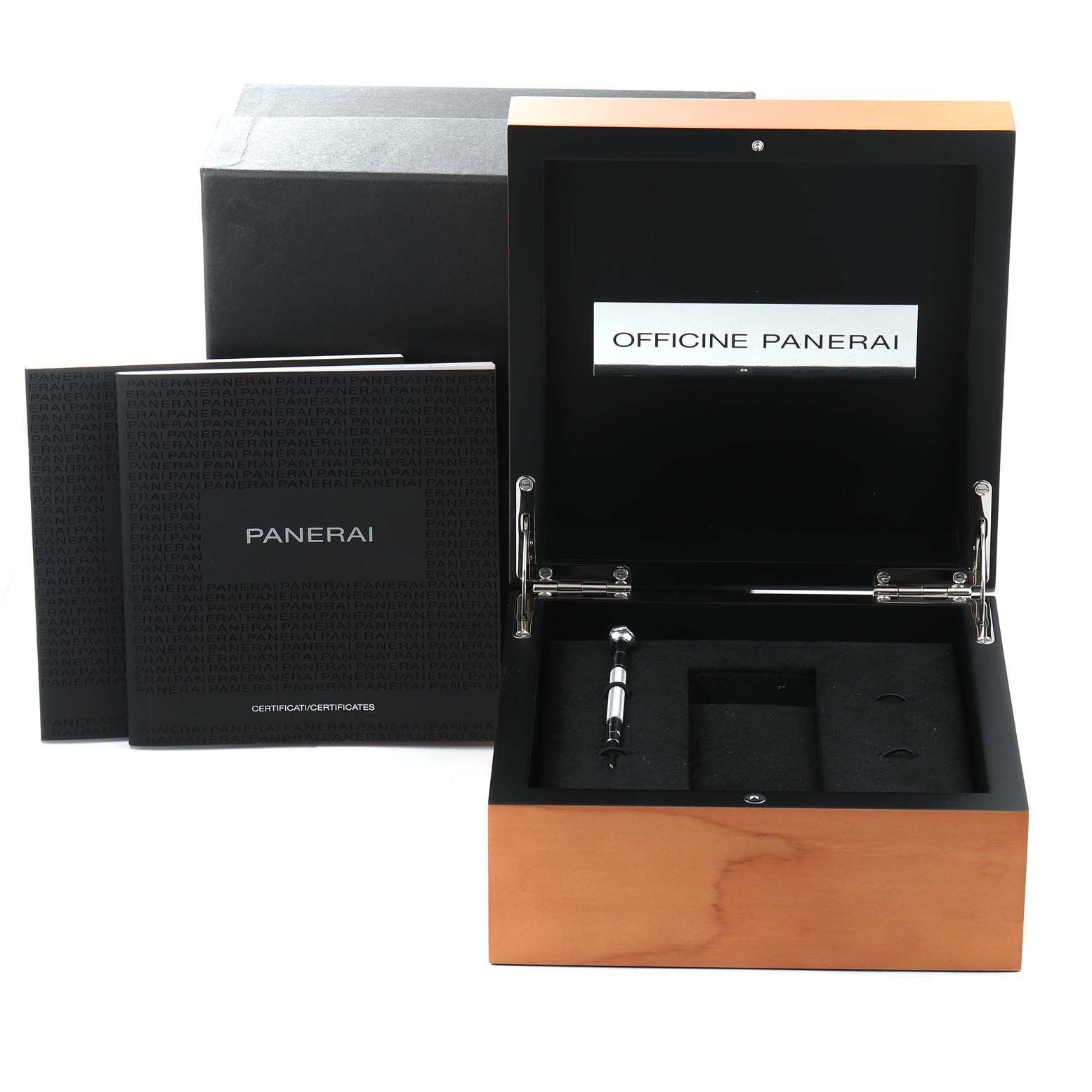 The image shows a Luminor model by Panerai box, an open wooden case, and a booklet from a front angle.