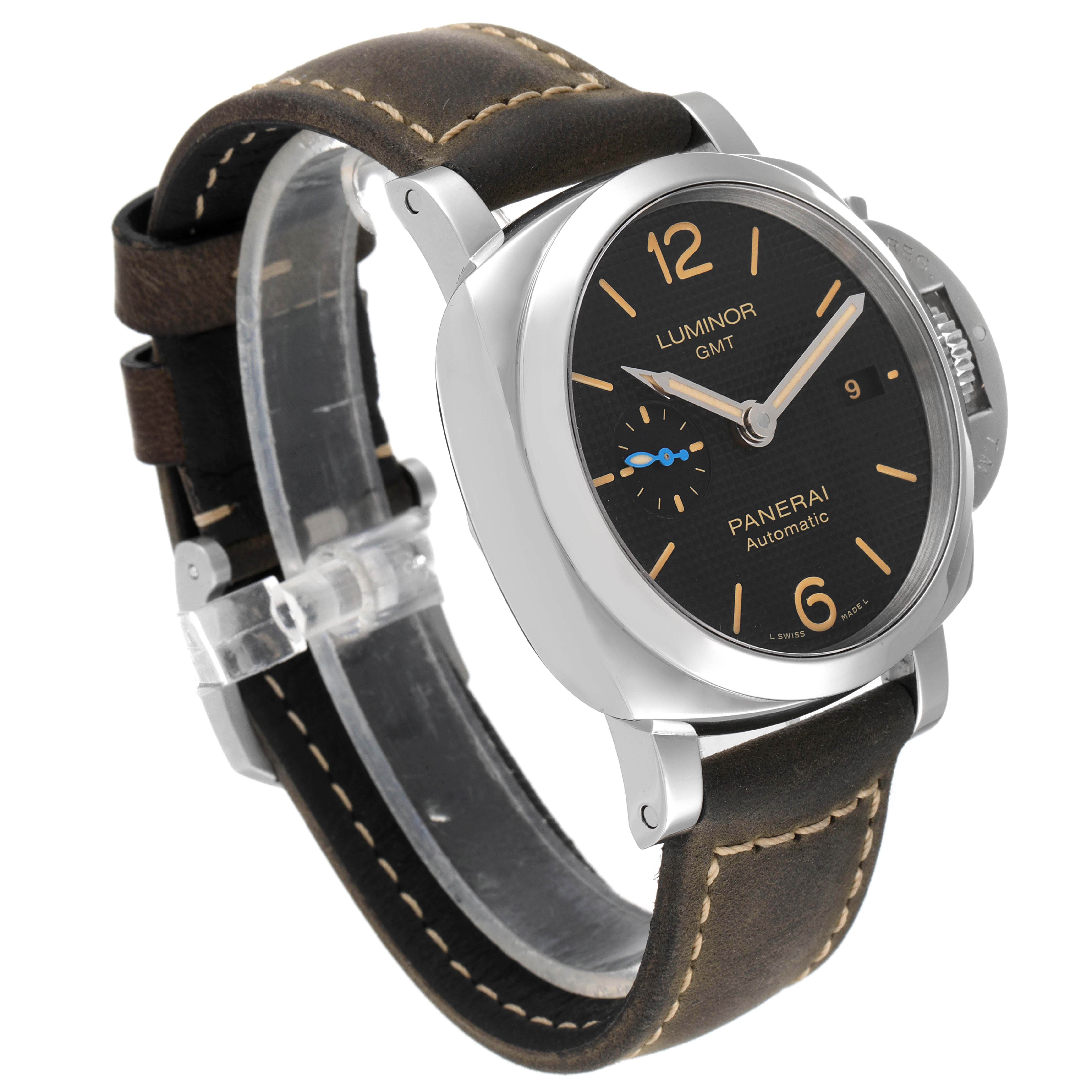 The image shows a Panerai Luminor PAM01535 Men
s Stainless Steel Black Dial PAM01535 Men
s Stainless Steel Black Dial model watch at a three-quarter angle, highlighting the face, case, and leather strap.