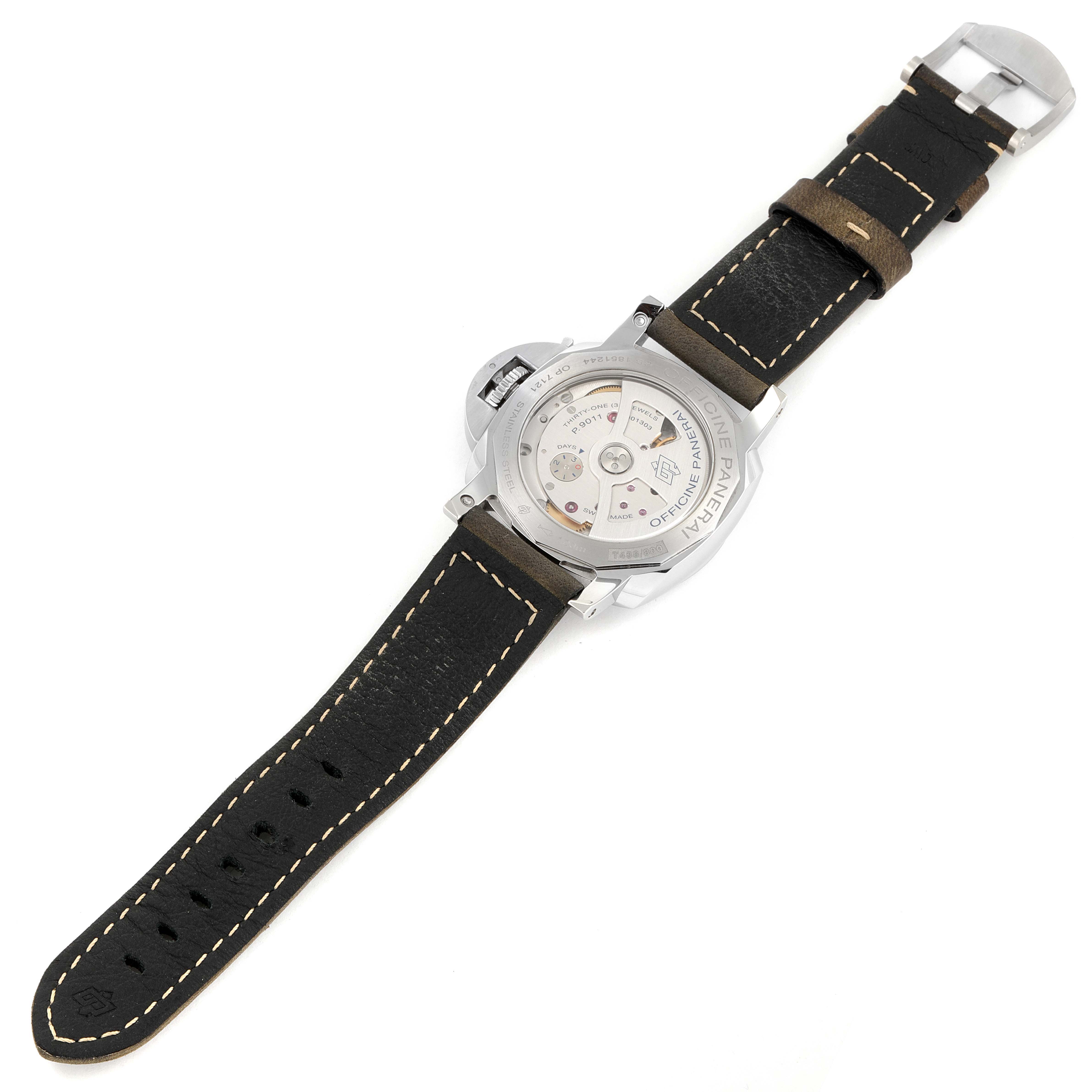 The image shows the back view of a Panerai Luminor PAM01535 Men
s Stainless Steel Black Dial PAM01535 Men
s Stainless Steel Black Dial watch, highlighting its case back and leather strap.