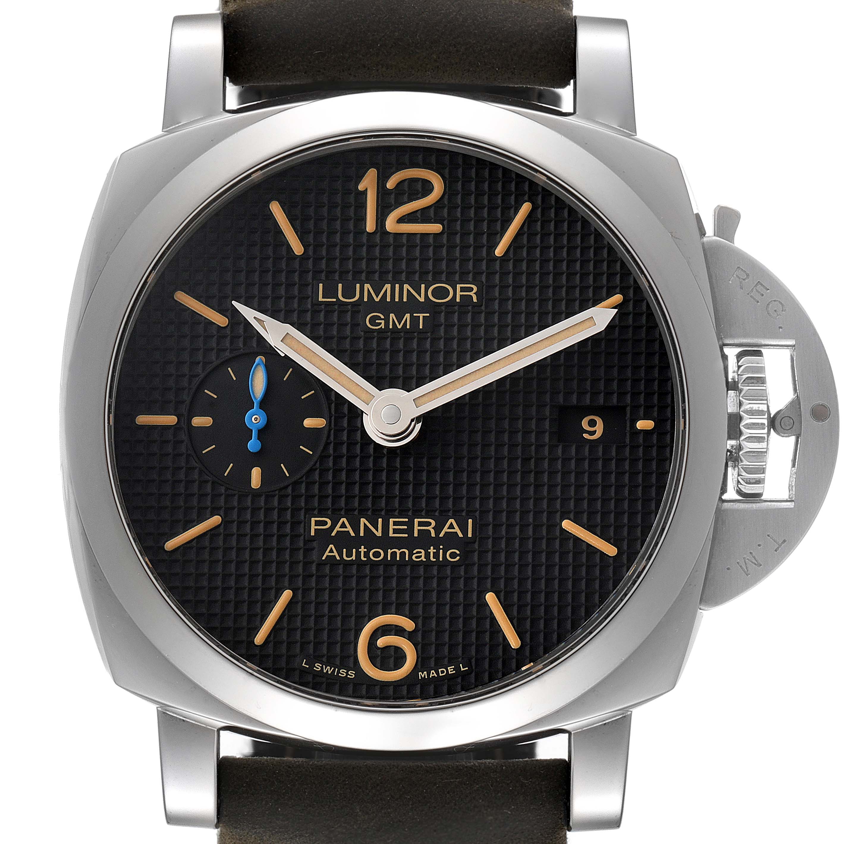 The image shows a frontal view of a Panerai Luminor PAM01535 Men
s Stainless Steel Black Dial PAM01535 Men
s Stainless Steel Black Dial GMT watch, displaying the dial, hands, hour markers, and date window.