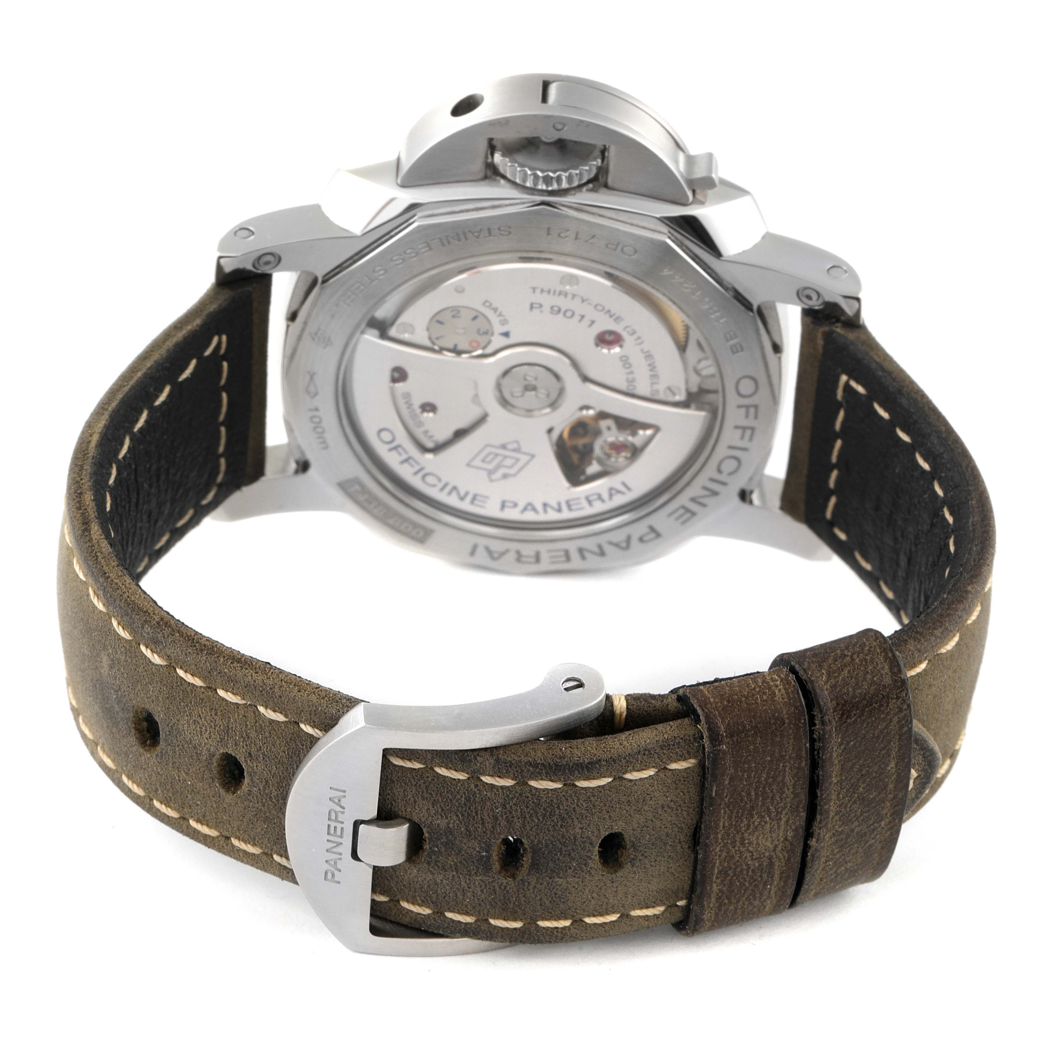 The image shows the back view of a Panerai Luminor PAM01535 Men
s Stainless Steel Black Dial PAM01535 Men
s Stainless Steel Black Dial watch, highlighting the buckle, leather strap, and the case back mechanisms.