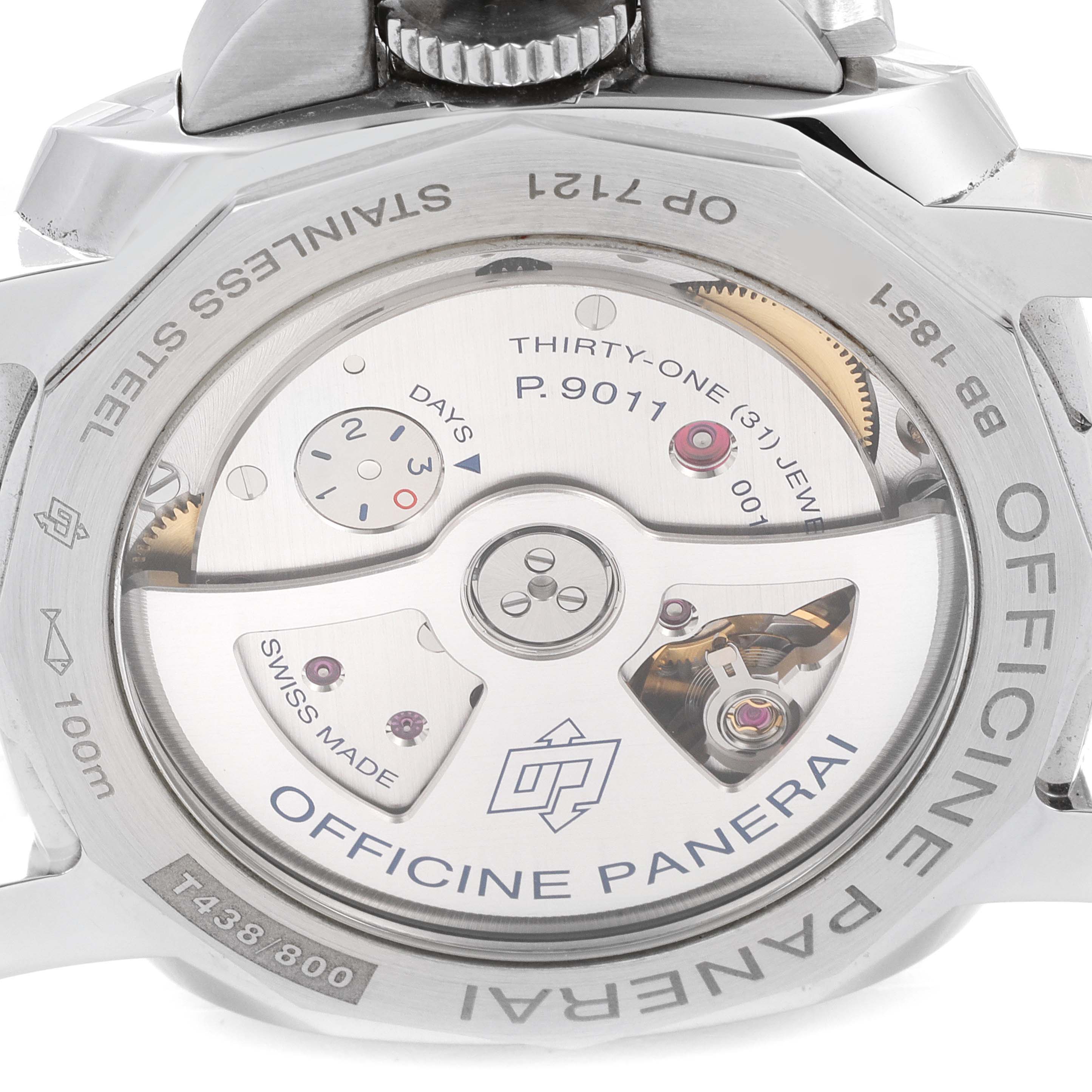 The image shows the back of a stainless steel Panerai Luminor PAM01535 Men
s Stainless Steel Black Dial PAM01535 Men
s Stainless Steel Black Dial watch, highlighting its movement and inner mechanisms.