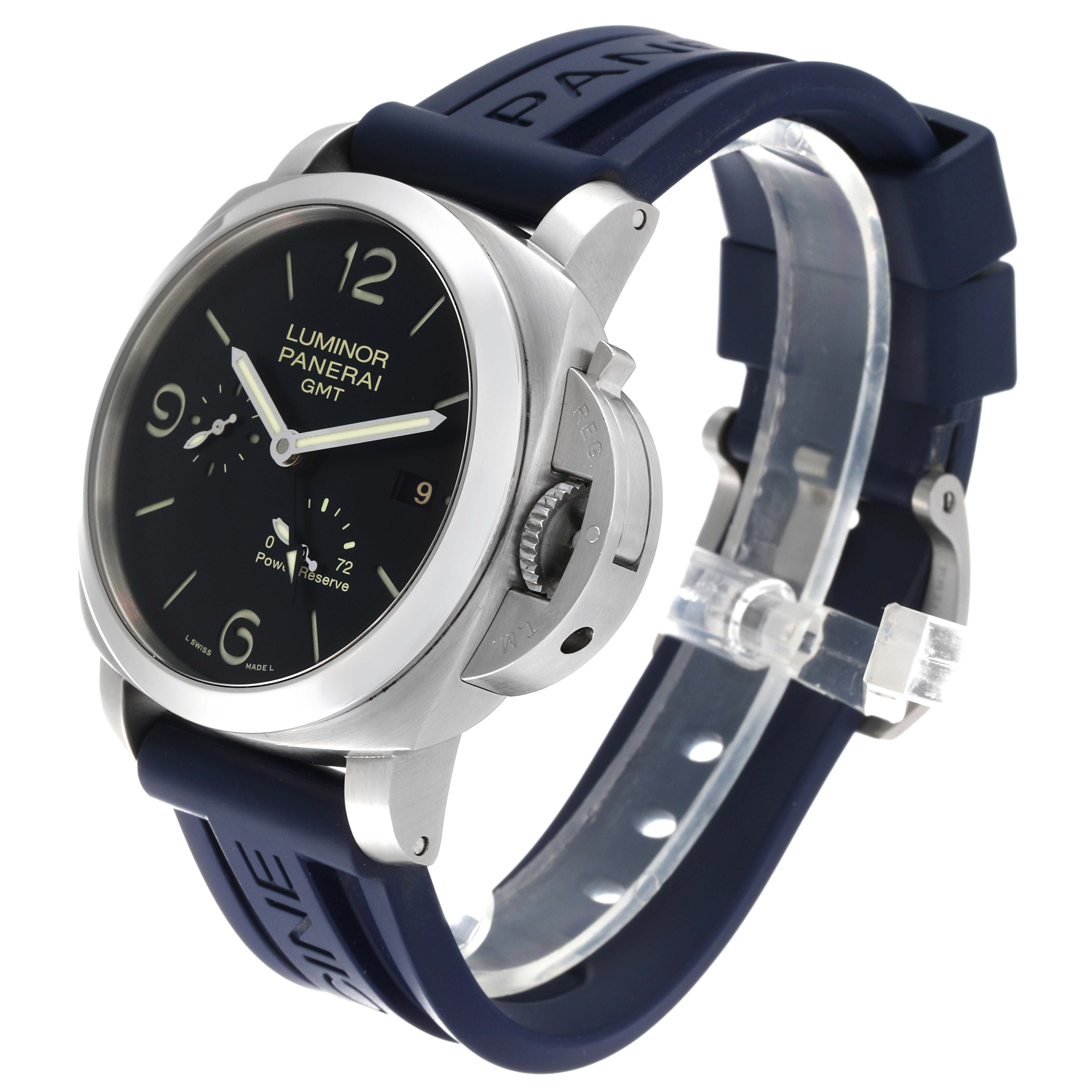 The watch display shows a Panerai Luminor PAM00321 Men's Stainless Steel Black Dial PAM00321 Men's Stainless Steel Black Dial model viewed from an angled perspective highlighting the dial, strap, and crown guard.