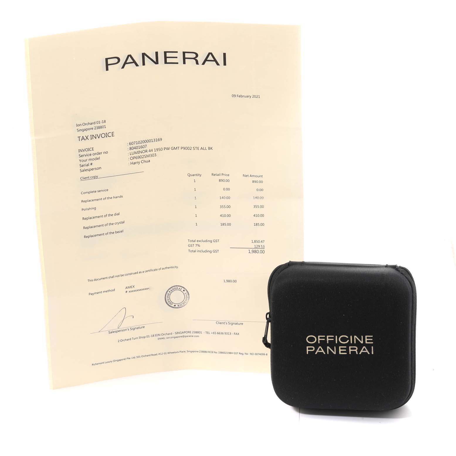 The image shows a Panerai tax invoice and a black zippered case with "OFFICINE PANERAI" for the Luminor model.