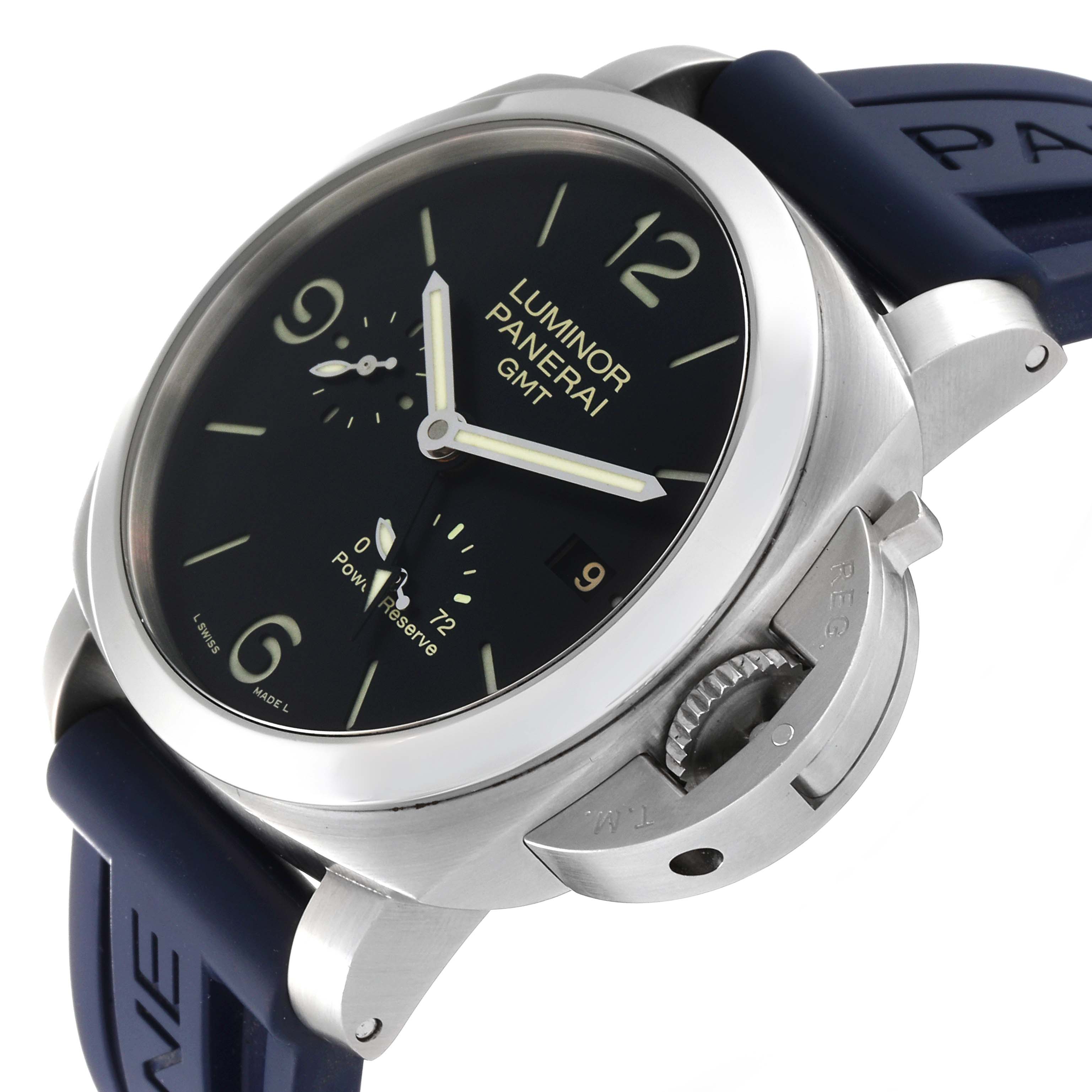 This image shows a Panerai Luminor PAM00321 Men's Stainless Steel Black Dial PAM00321 Men's Stainless Steel Black Dial GMT watch at an angled view, highlighting its face, bezel, crown guard, and strap.
