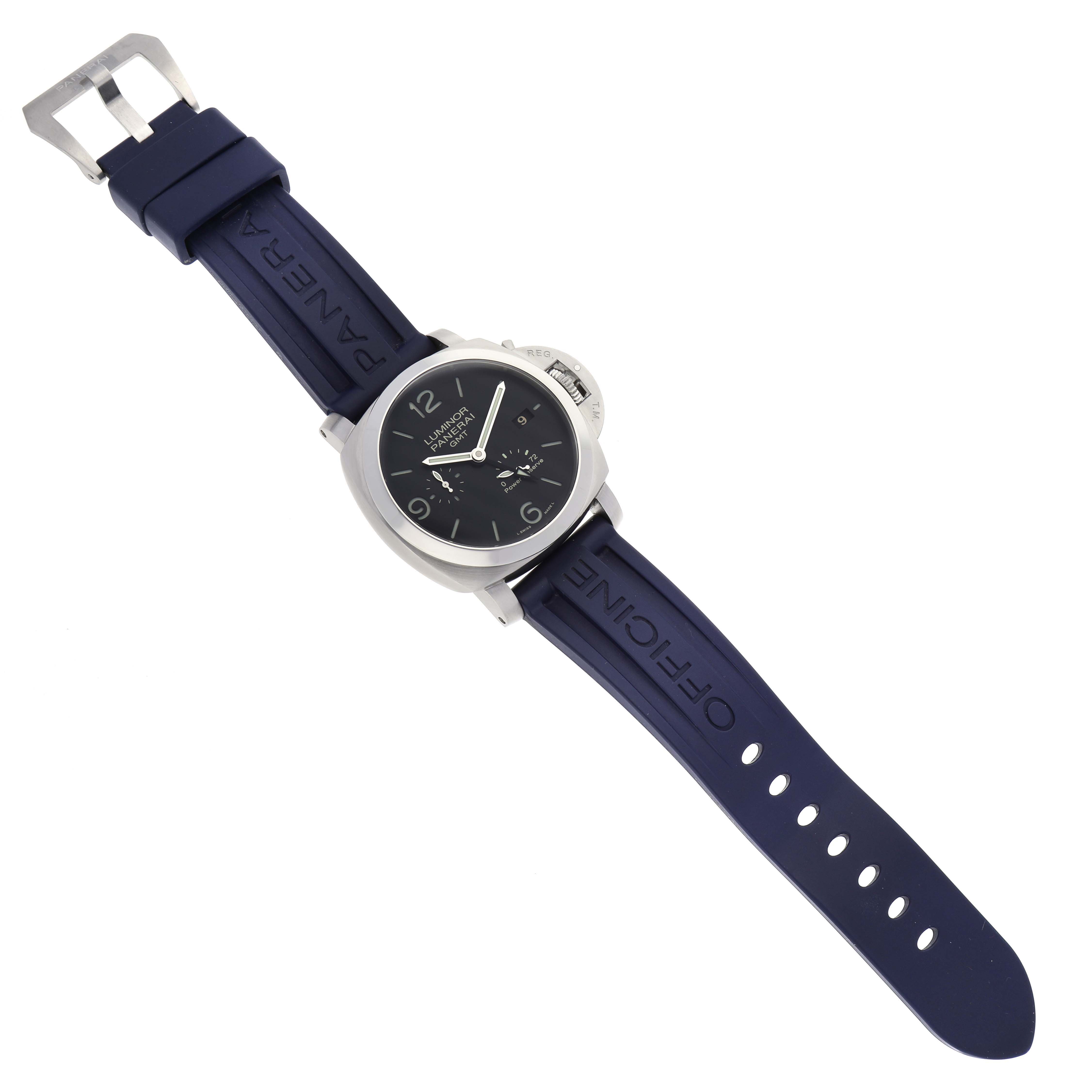 The image shows a Panerai Luminor PAM00321 Men's Stainless Steel Black Dial PAM00321 Men's Stainless Steel Black Dial watch with a blue band displayed at a slight diagonal angle from above.