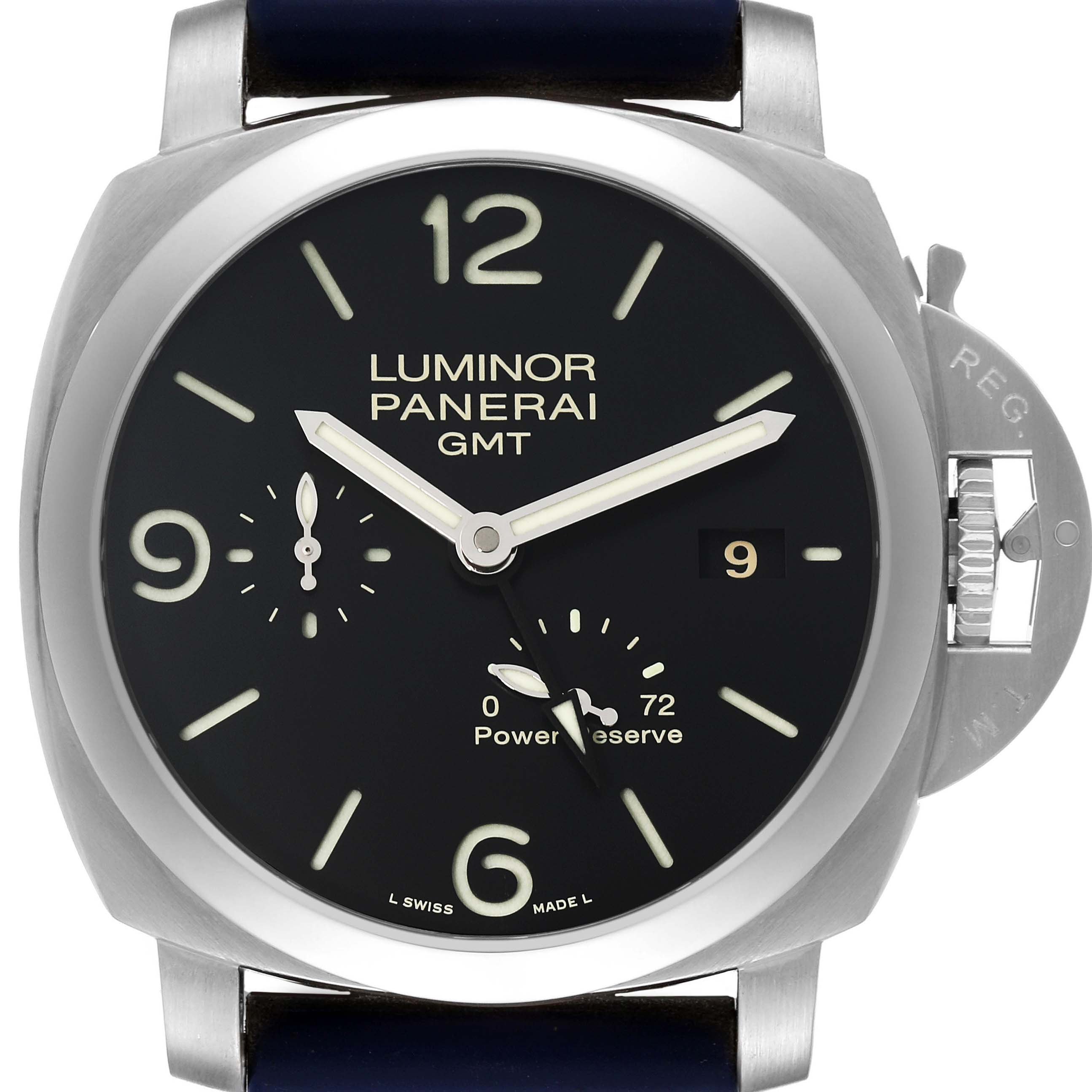 The image shows a front view of a Panerai Luminor PAM00321 Men's Stainless Steel Black Dial PAM00321 Men's Stainless Steel Black Dial GMT watch, highlighting the dial, crown guard, and power reserve indicator.