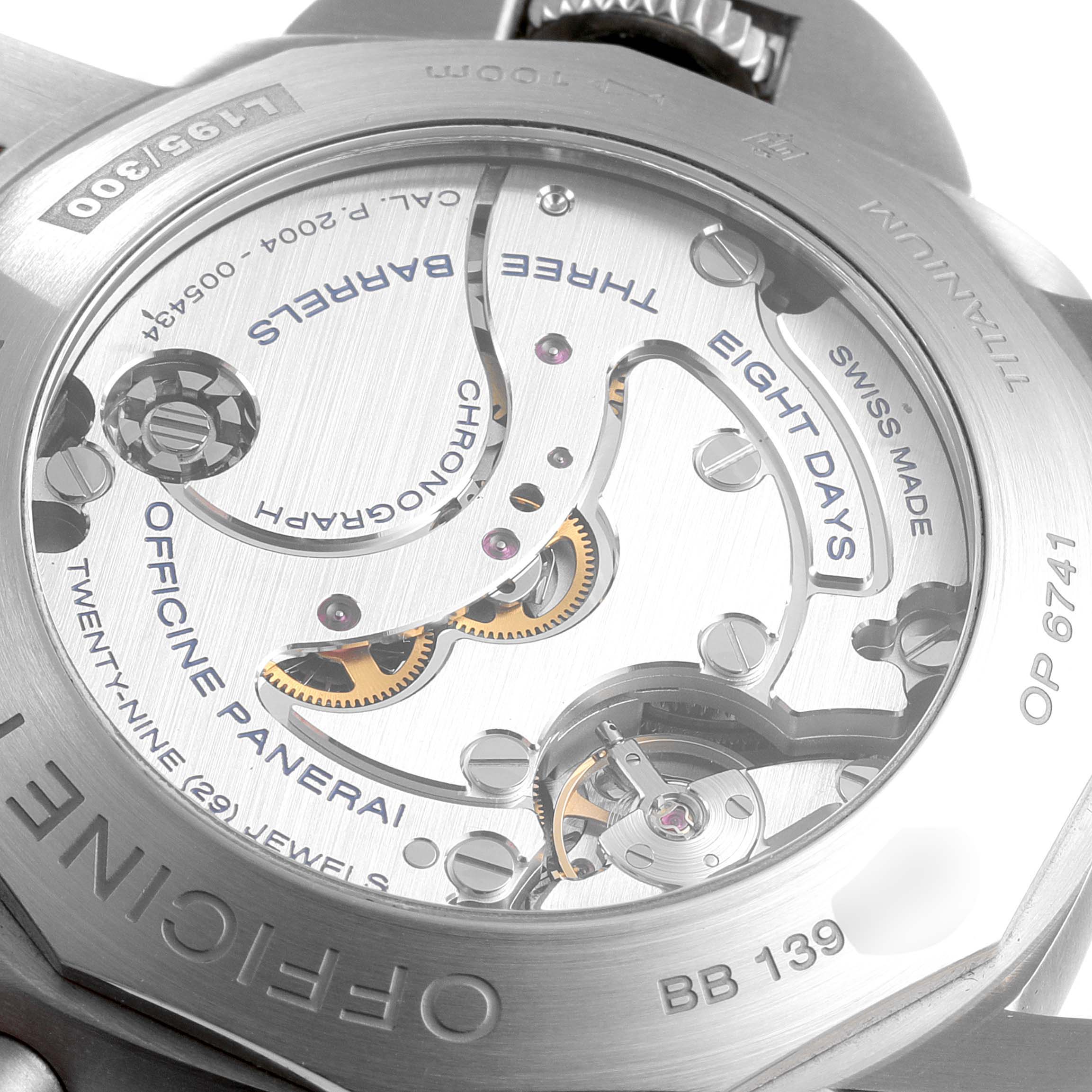 This image shows the back case of a Panerai Luminor PAM00311 Men's Titanium Black Dial PAM00311 Men's Titanium Black Dial watch, displaying the intricate internal mechanics and engravings.