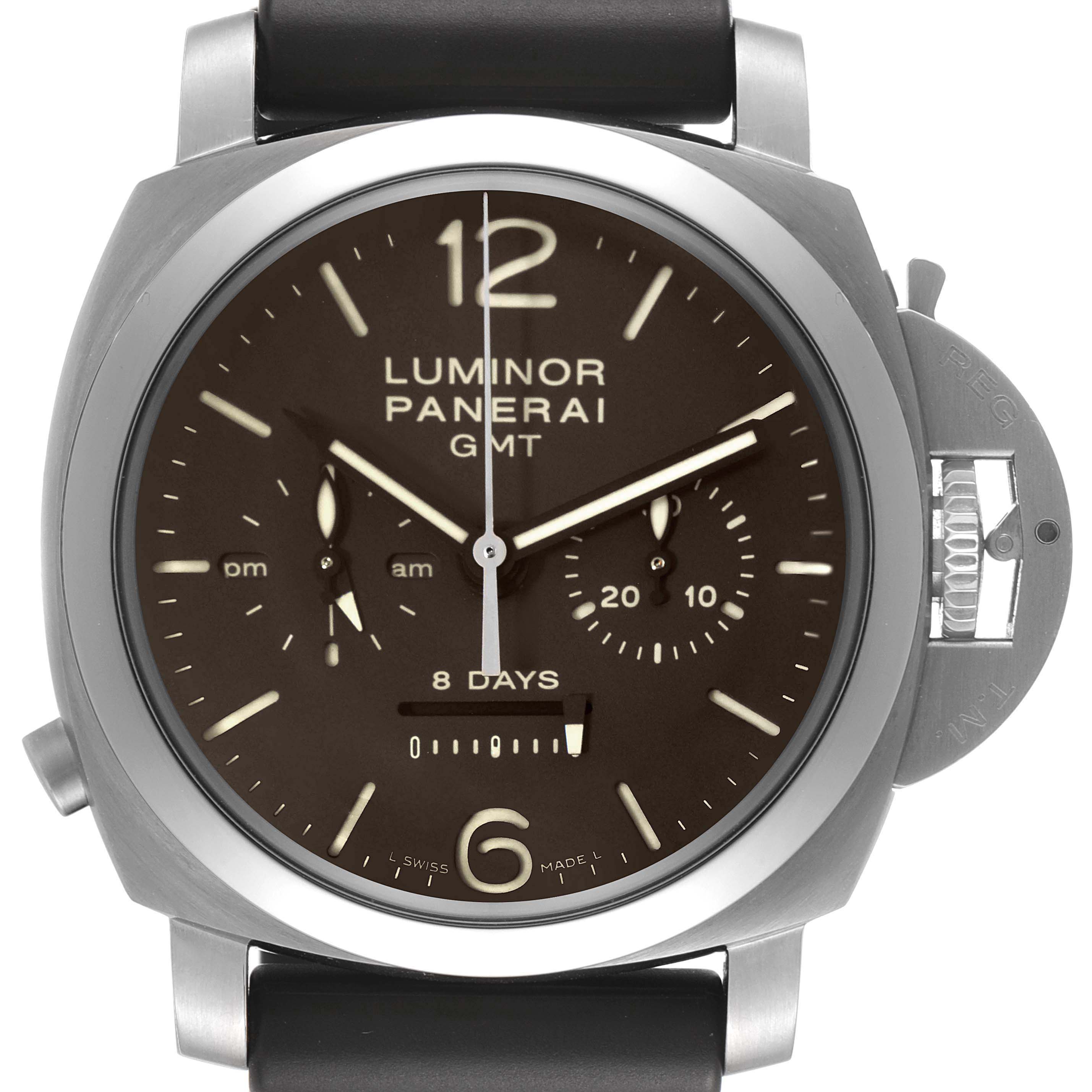 The image shows a front view of the Panerai Luminor PAM00311 Men's Titanium Black Dial PAM00311 Men's Titanium Black Dial GMT watch, displaying its dial, hour markers, and crown guard.