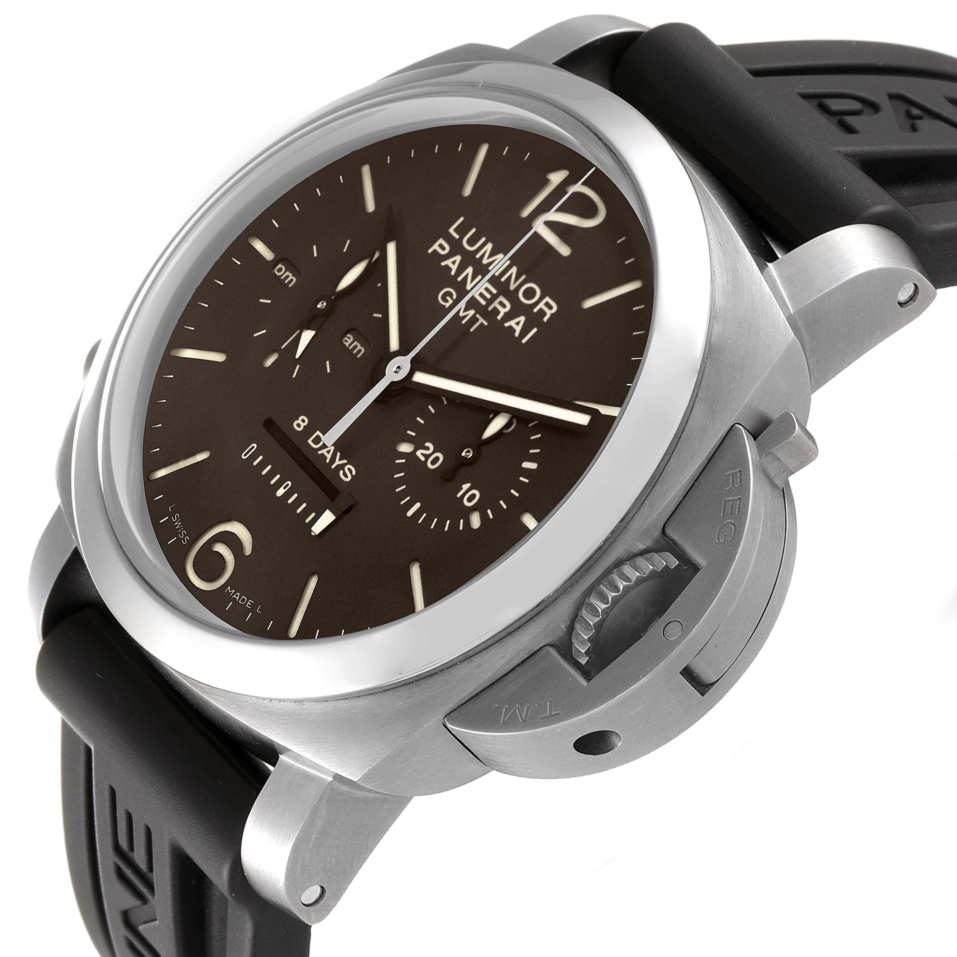 The image shows a side-angle view of a Panerai Luminor PAM00311 Men's Titanium Black Dial PAM00311 Men's Titanium Black Dial watch, highlighting the dial, crown guard, and rubber strap.
