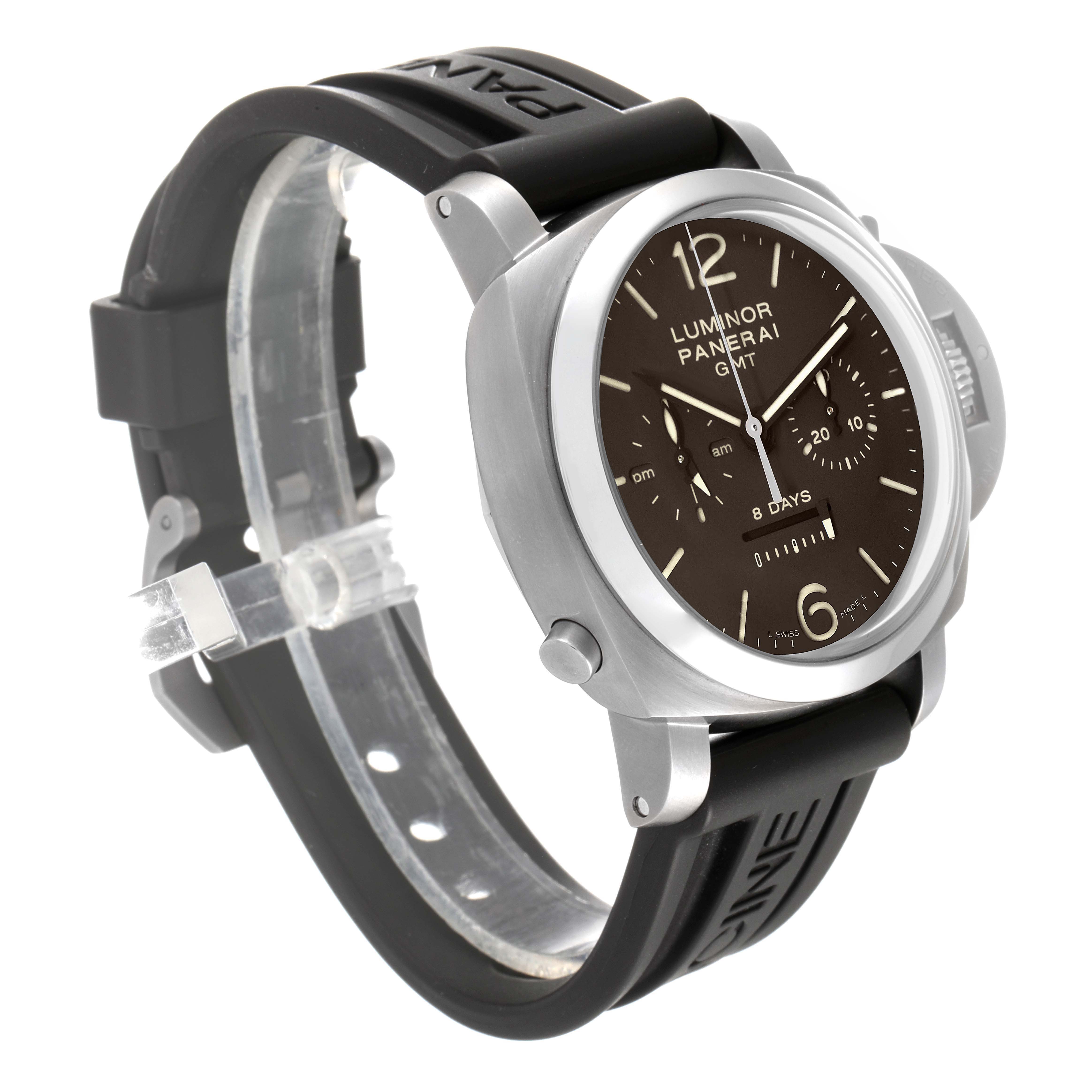 This image shows a side-angle view of a Panerai Luminor PAM00311 Men's Titanium Black Dial PAM00311 Men's Titanium Black Dial watch, highlighting its dial, bezel, and rubber strap.