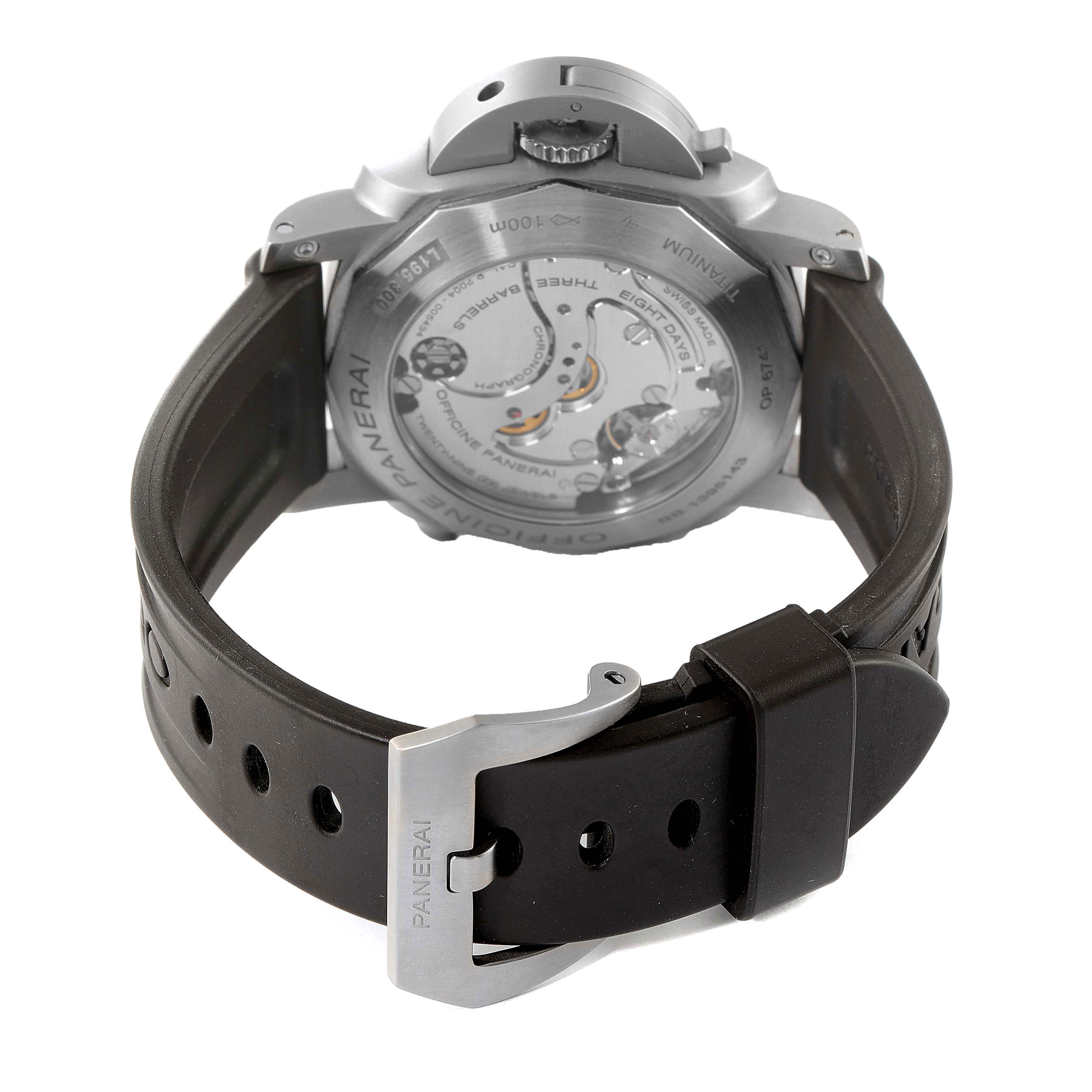 This image shows the back view of the Panerai Luminor PAM00311 Men's Titanium Black Dial PAM00311 Men's Titanium Black Dial watch, highlighting the case back, movement, and part of the strap with its buckle.