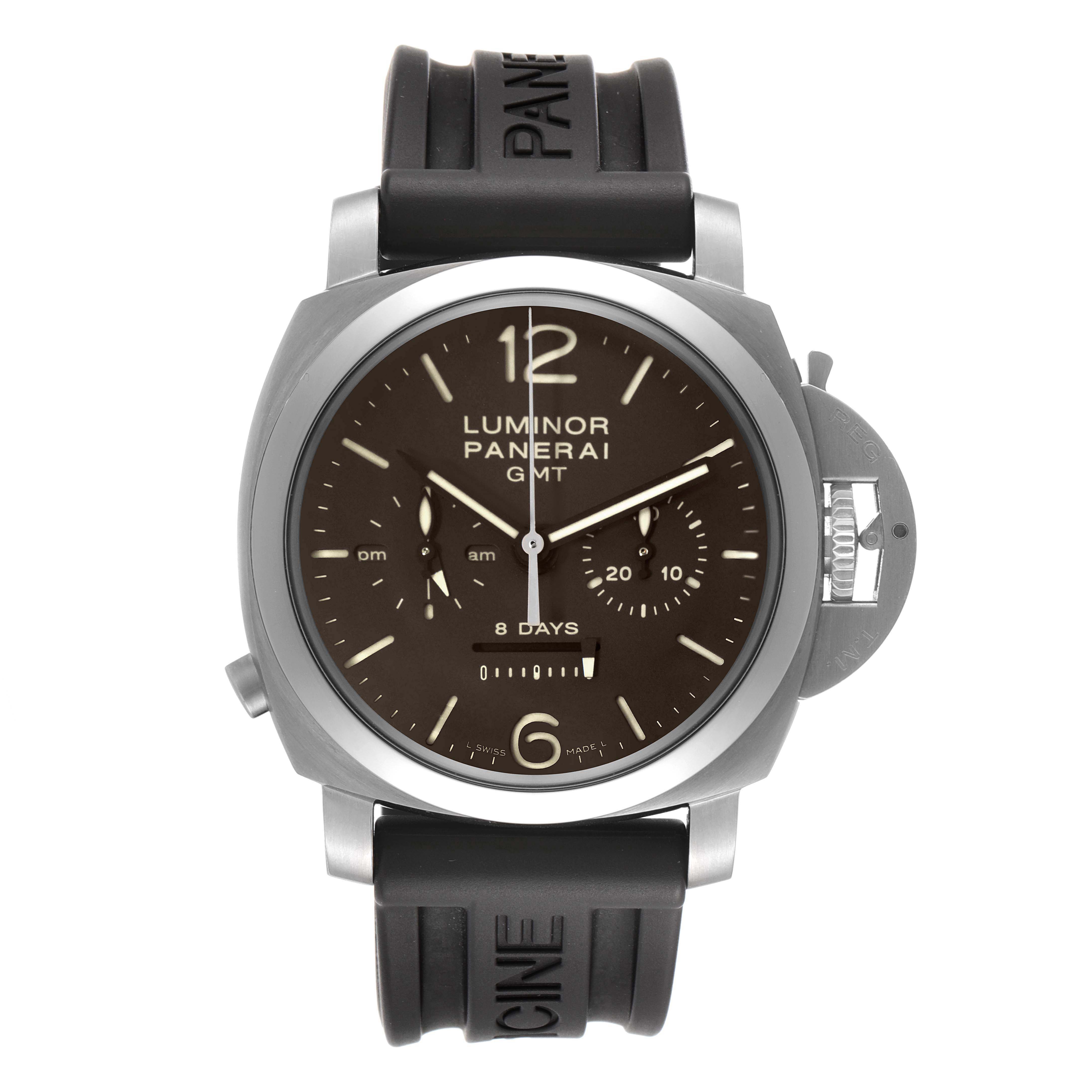 The Panerai Luminor PAM00311 Men's Titanium Black Dial PAM00311 Men's Titanium Black Dial model watch is shown from a front angle, displaying its dial, rubber strap, and signature crown protector.