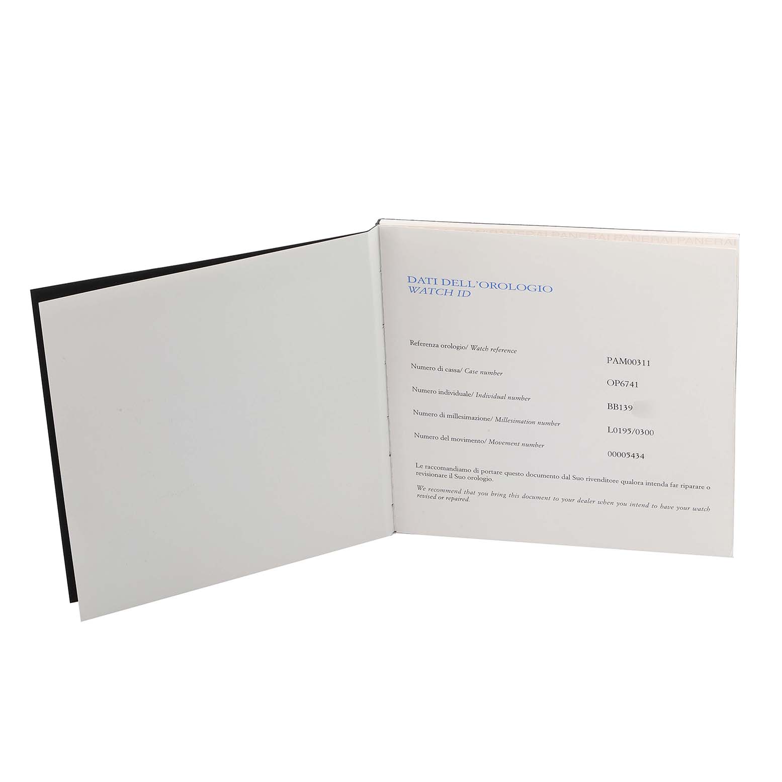 The image shows an opened booklet, displaying the Watch ID for the Luminor model by Panerai.